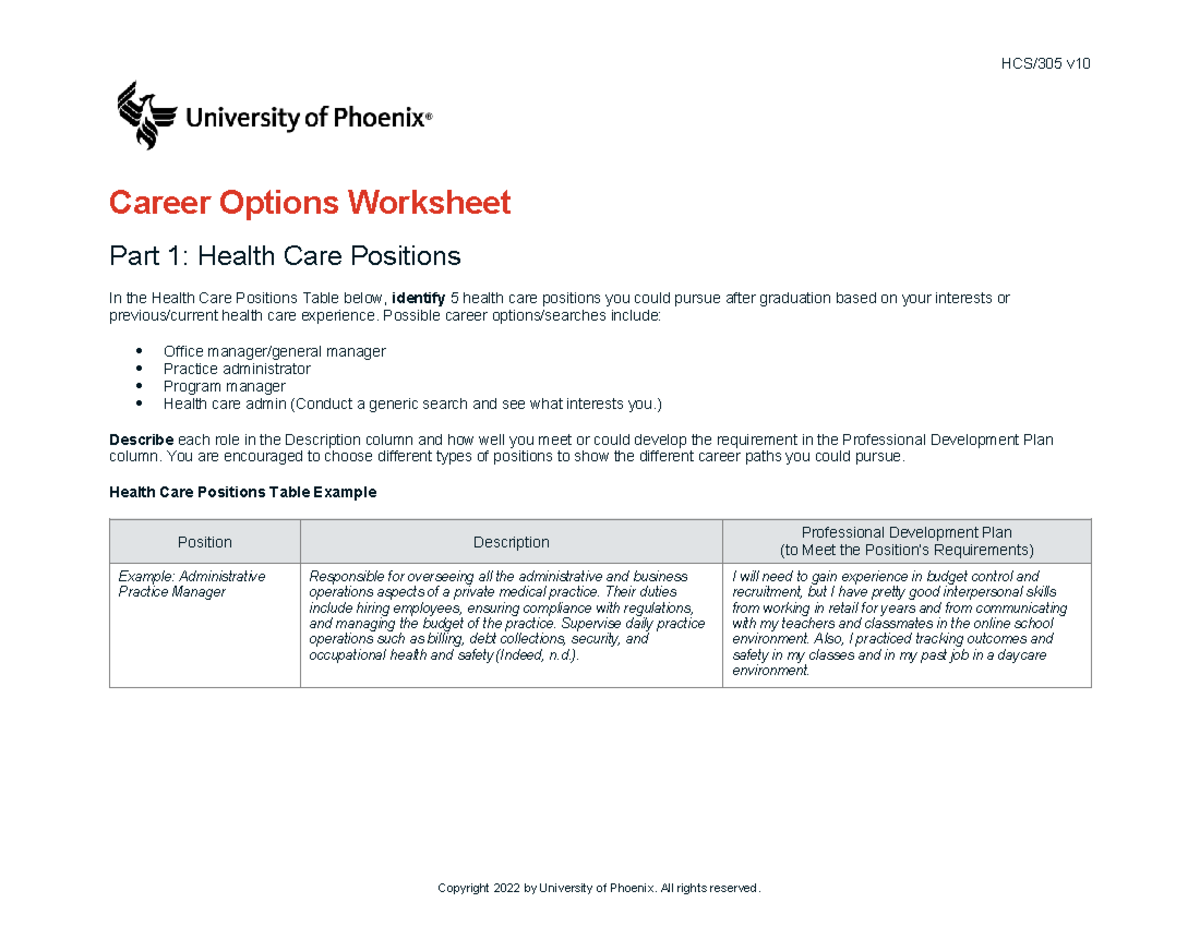 HCS305 V10 Week 4 Career Options Worksheet Health Care Positions Studocu