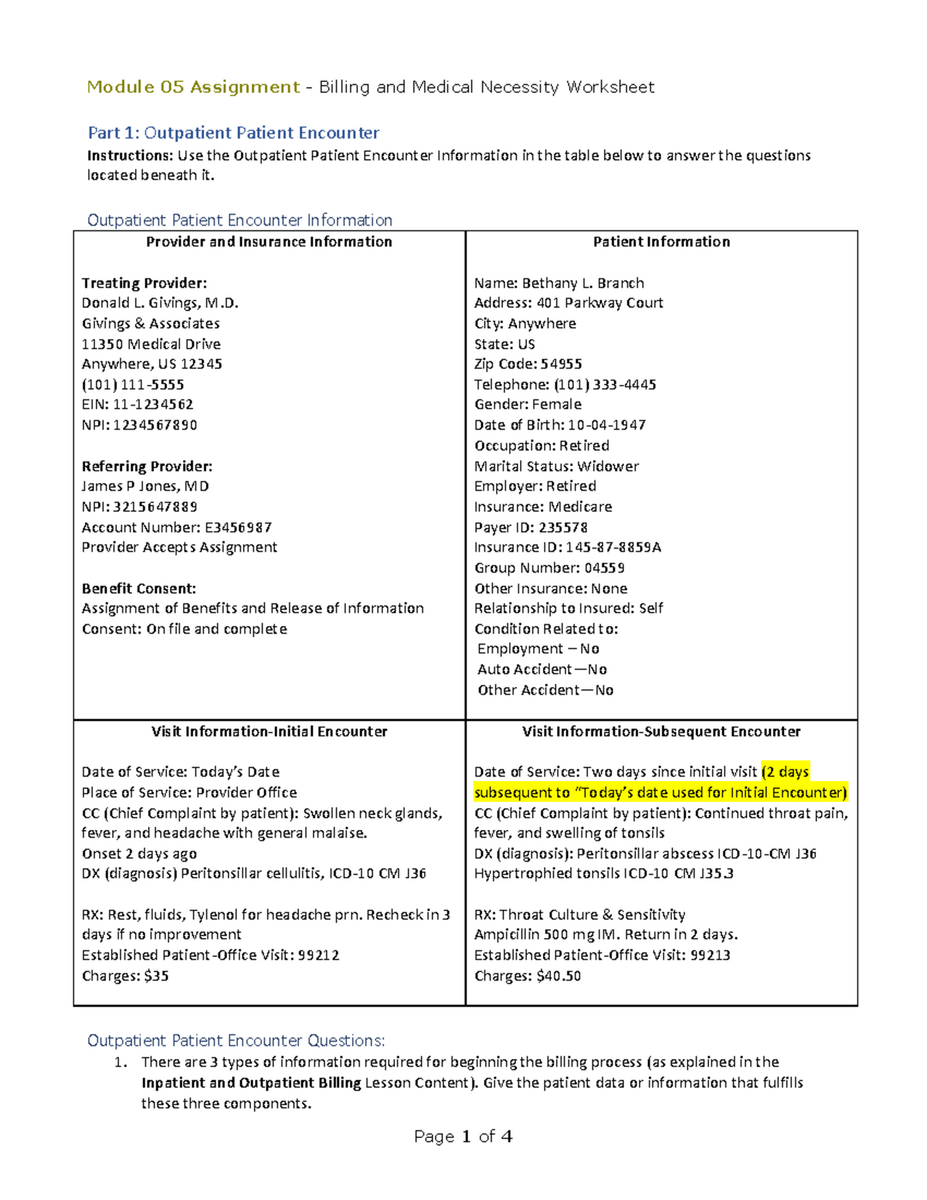 HIM1125 Mod 05 Assignment Billing Medical Necessity Worksheet Studocu