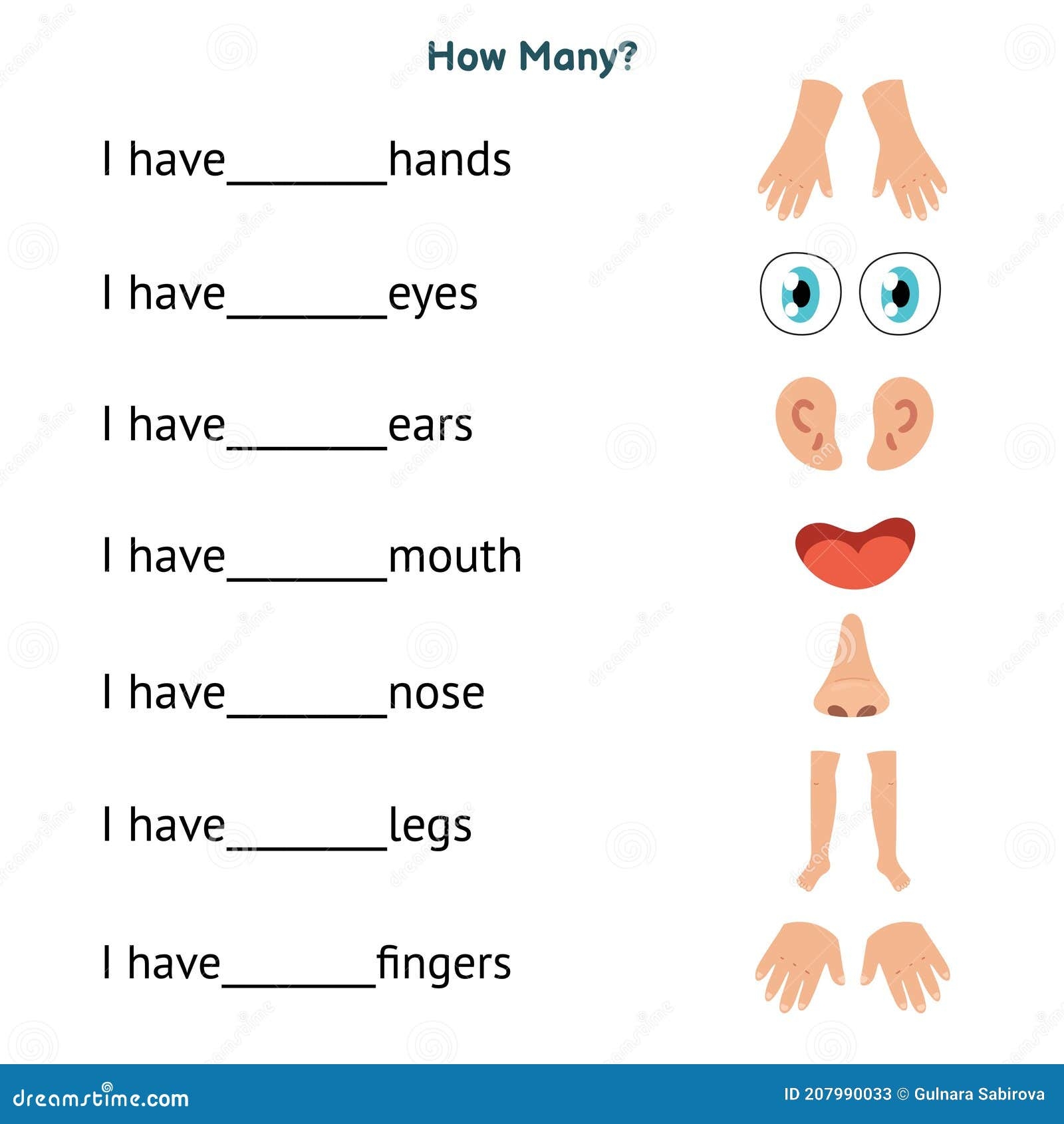 How Many Worksheet With Body Parts For Kids Write The Correct Answer Stock Vector Illustration Of Sheet Worksheet 207990033