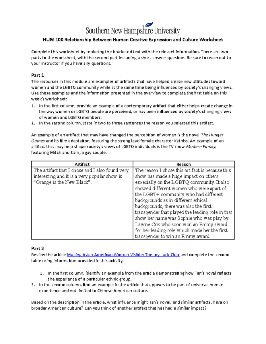 HUM 100 Creative Expression Culture Impact Worksheet Studocu