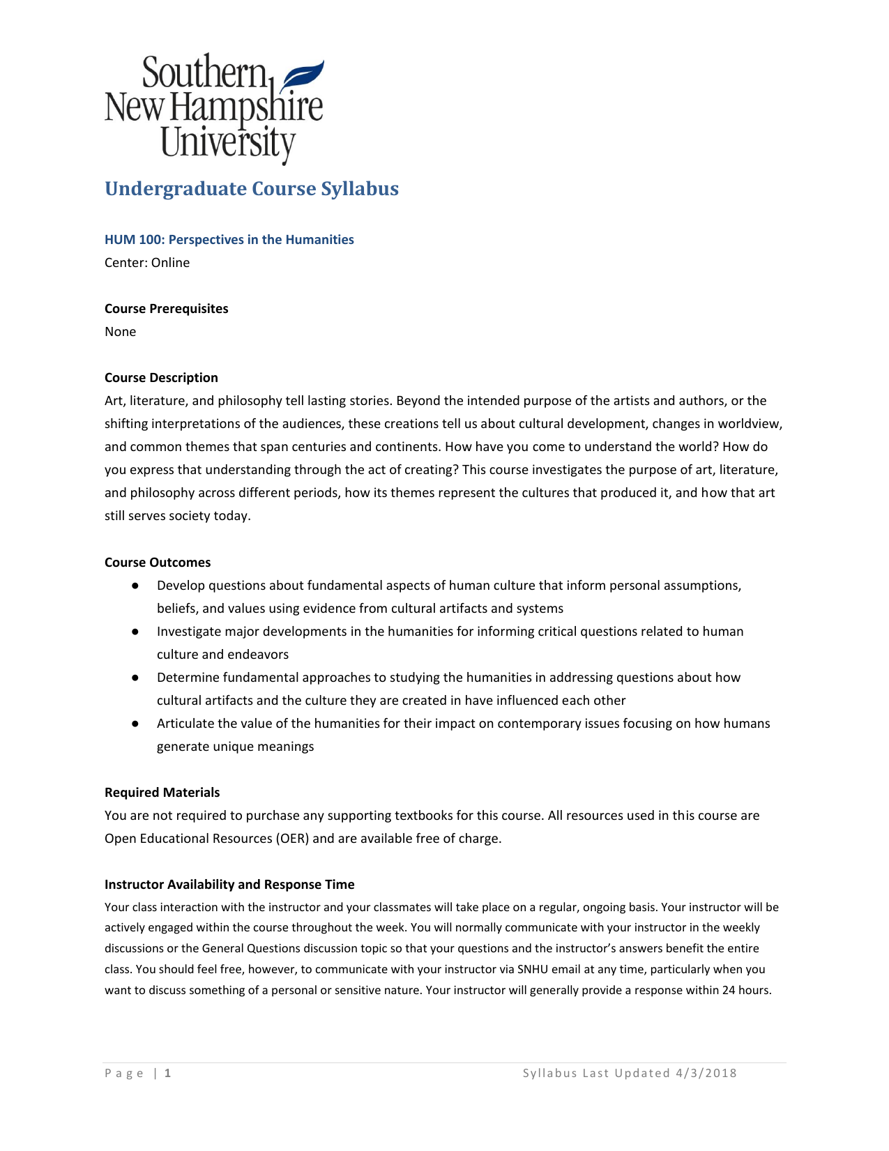 HUM 100 Perspectives In The Humanities Syllabus