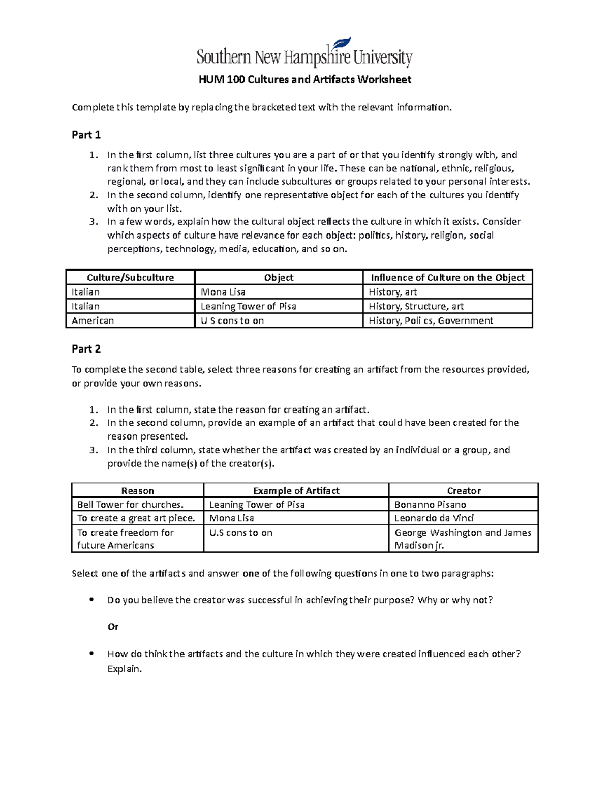 HUM 100 Worksheet Cultures Artifacts Analysis And Reflection Studocu
