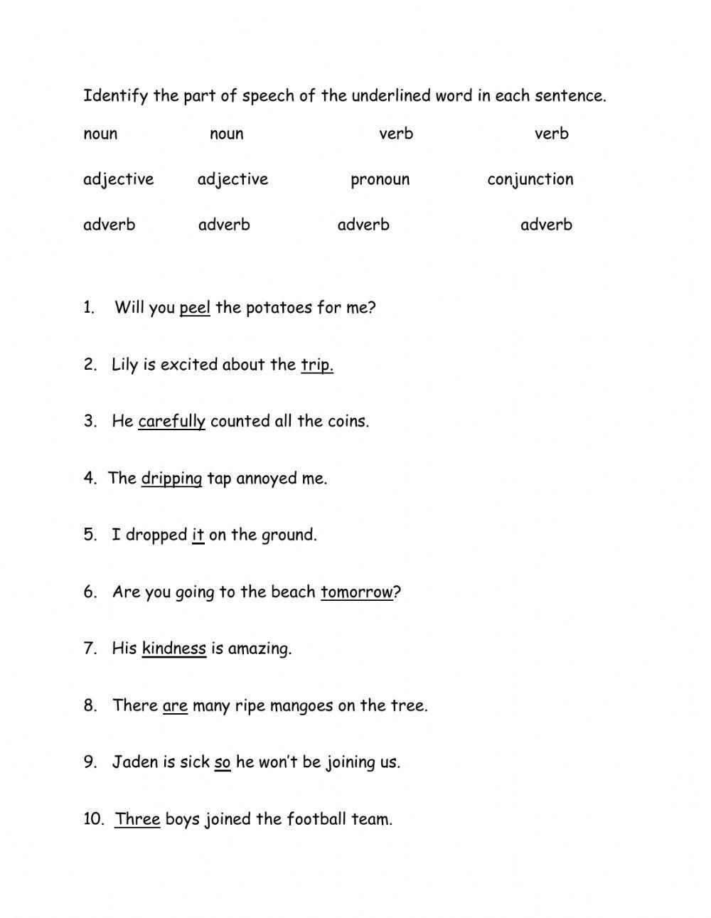 Identifying Parts Of Speech Worksheet Worksheets Library