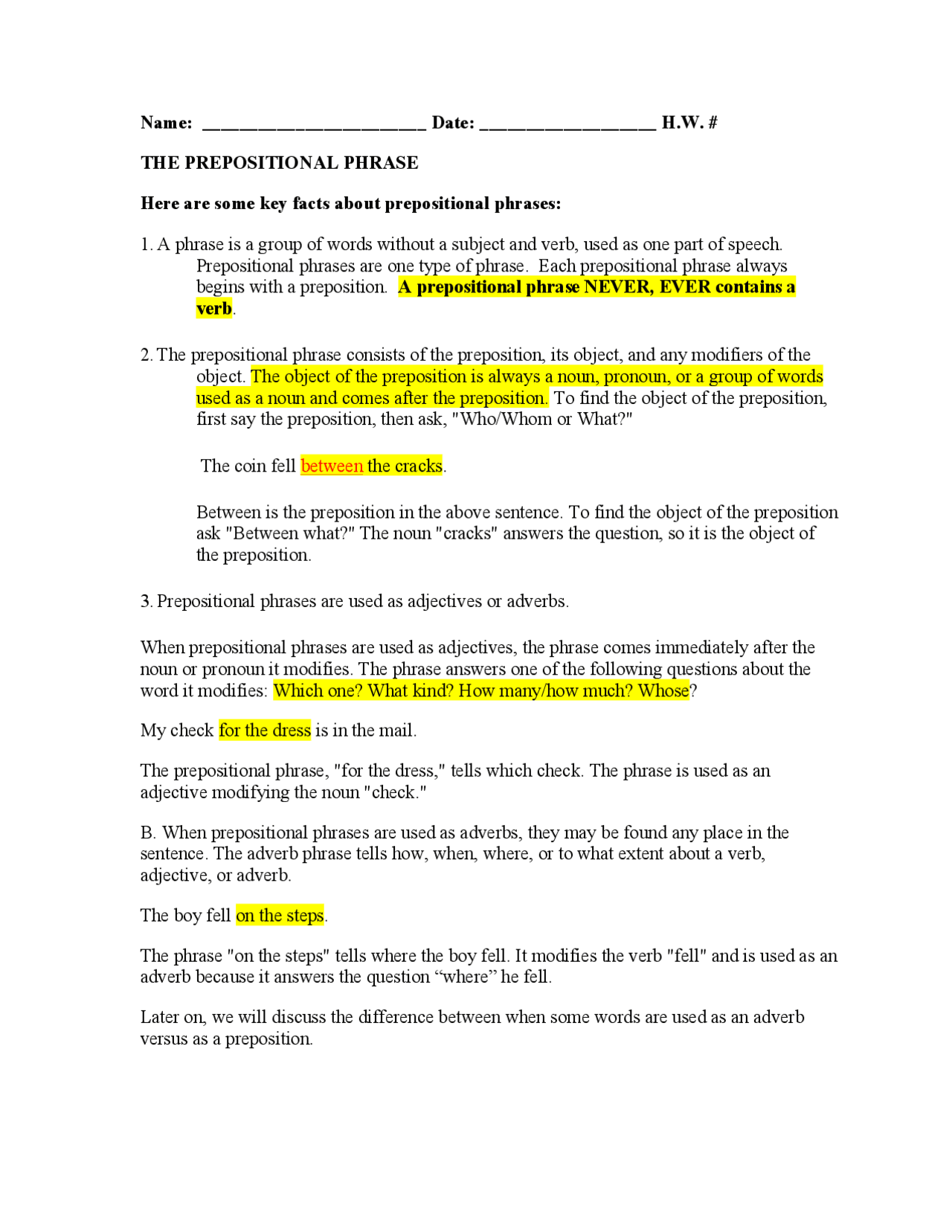 Identifying Prepositional Phrases Worksheet Exercises English Language Docsity