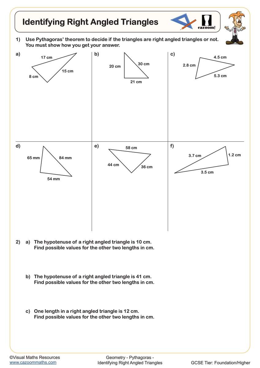 Identifying Right Angled Triangles Worksheet Printable PDF For Year 9 And Year 10 Geometry Worksheet Identifying Right Angled Triangles Worksheet Printable PDF For Year 9 And Year 10 Geometry Worksheet