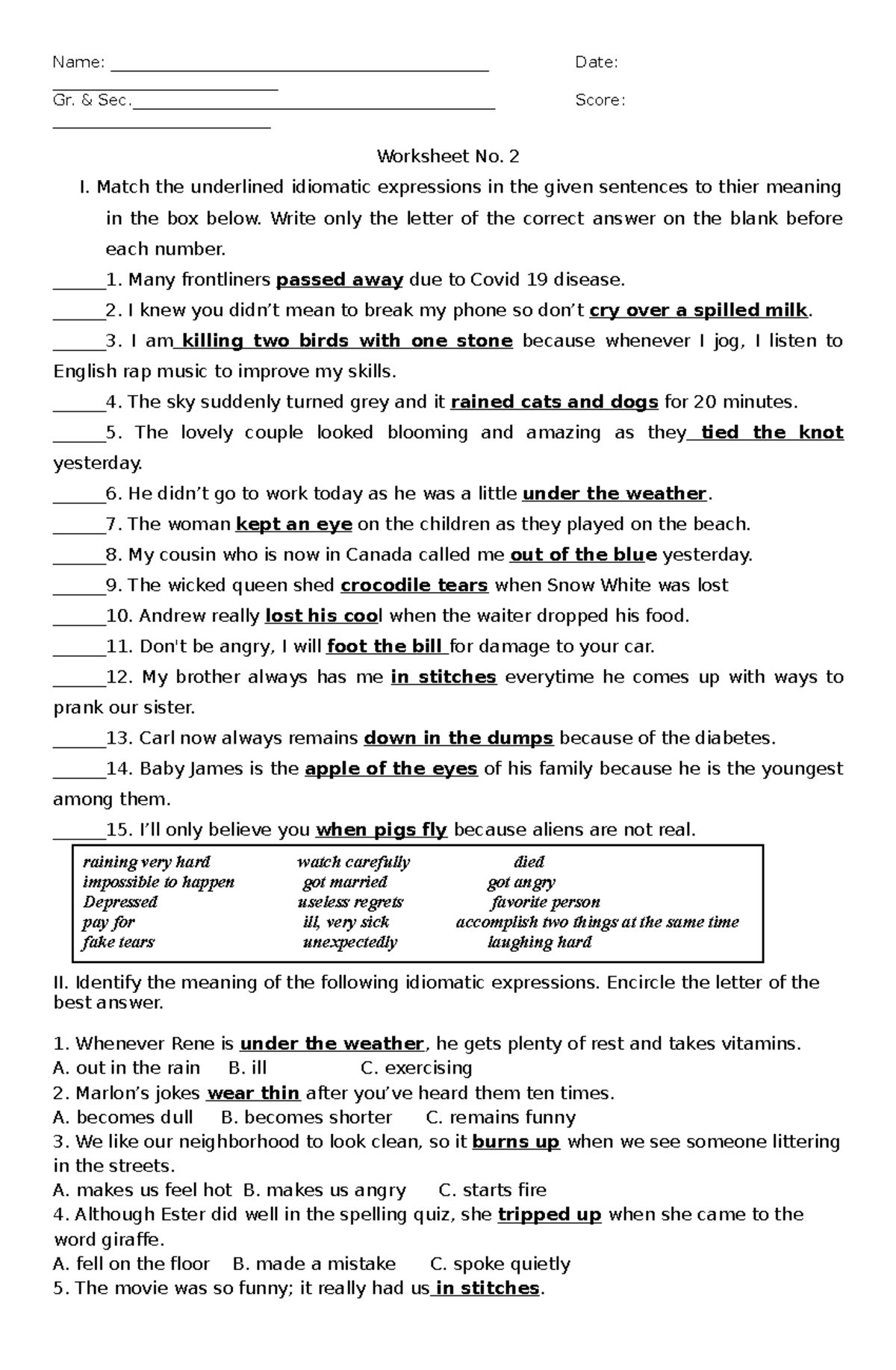 Idiomatic Expressions Worksheet No 2 Exercise Answers Studocu Gestalt Language Processing Handbook
