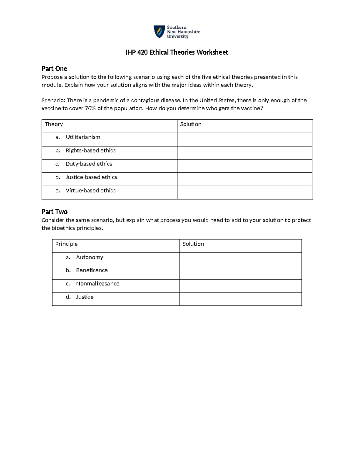 IHP 420 Ethical Theories Worksheet Solutions For Pandemic Vaccine Allocation Studocu