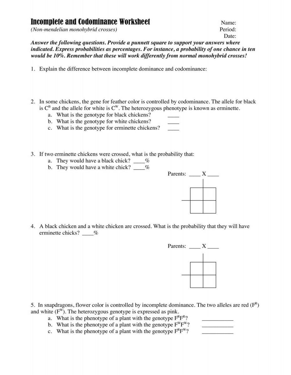Incomplete And Codominance Worksheet
