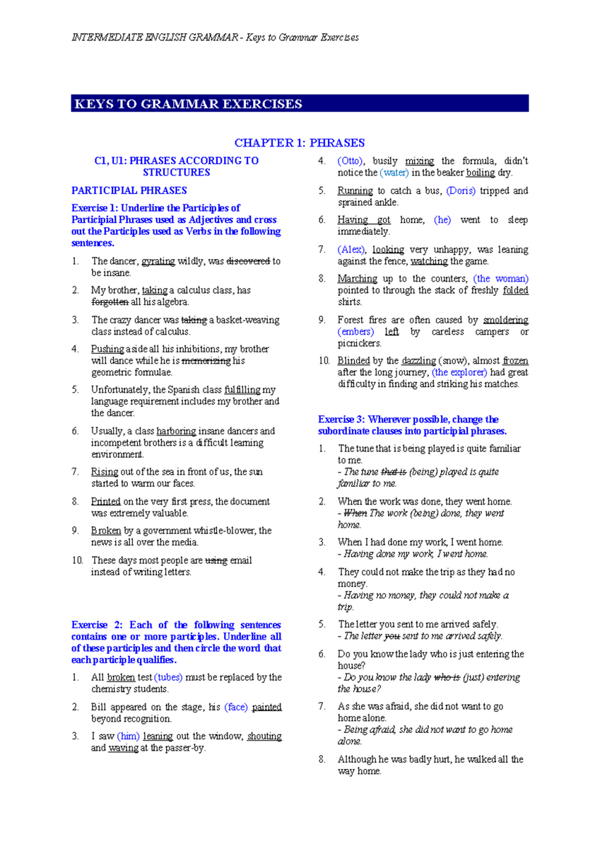 Intermediate English Grammar Keys To Grammar Exercises C1 U1 On Phrases Studocu