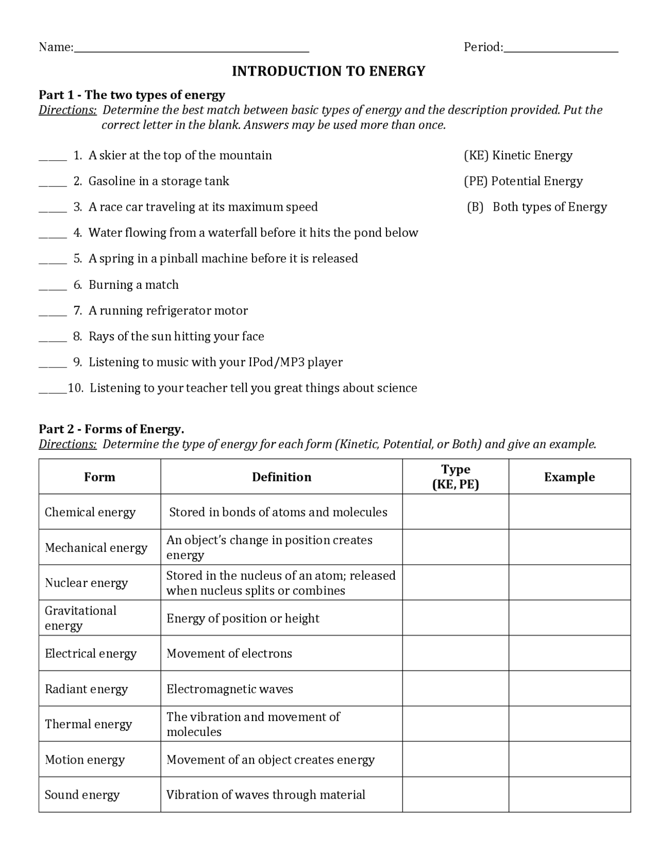 INTRODUCTION TO ENERGY WORKSHEET Exercises Music Docsity
