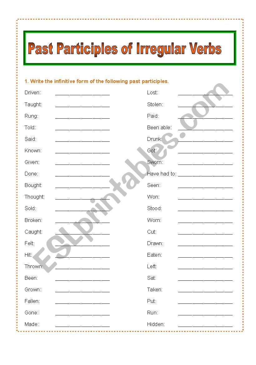 Irregular Verbs Past Participle Forms ESL Worksheet By Cbarghini Class 7 Worksheet On Present And Past Participles PlanetSpark
