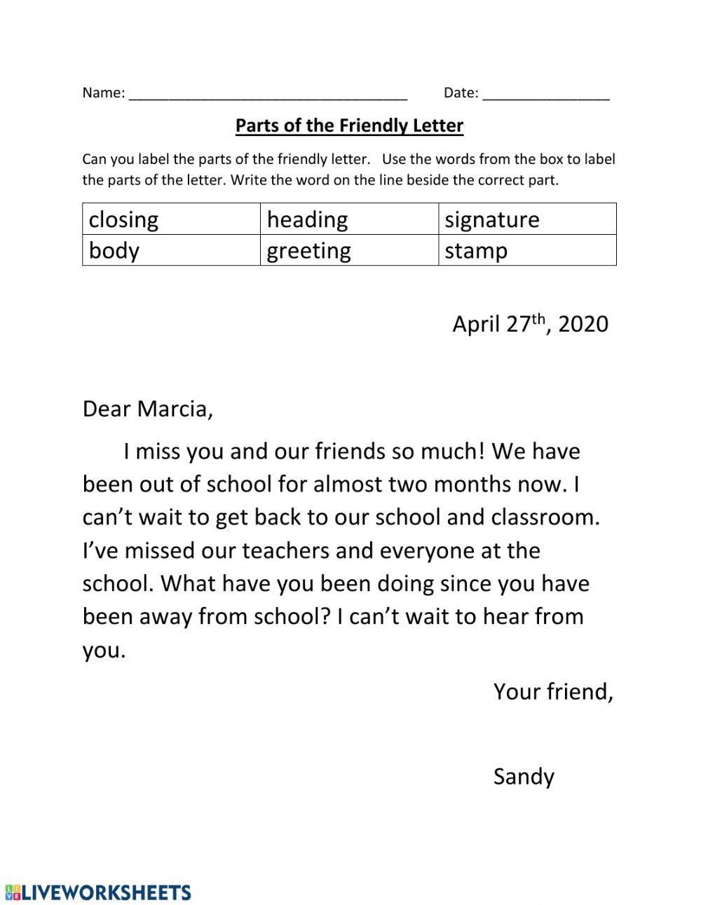 Label The Parts Of The Friendly Letter Worksheet Worksheets Library