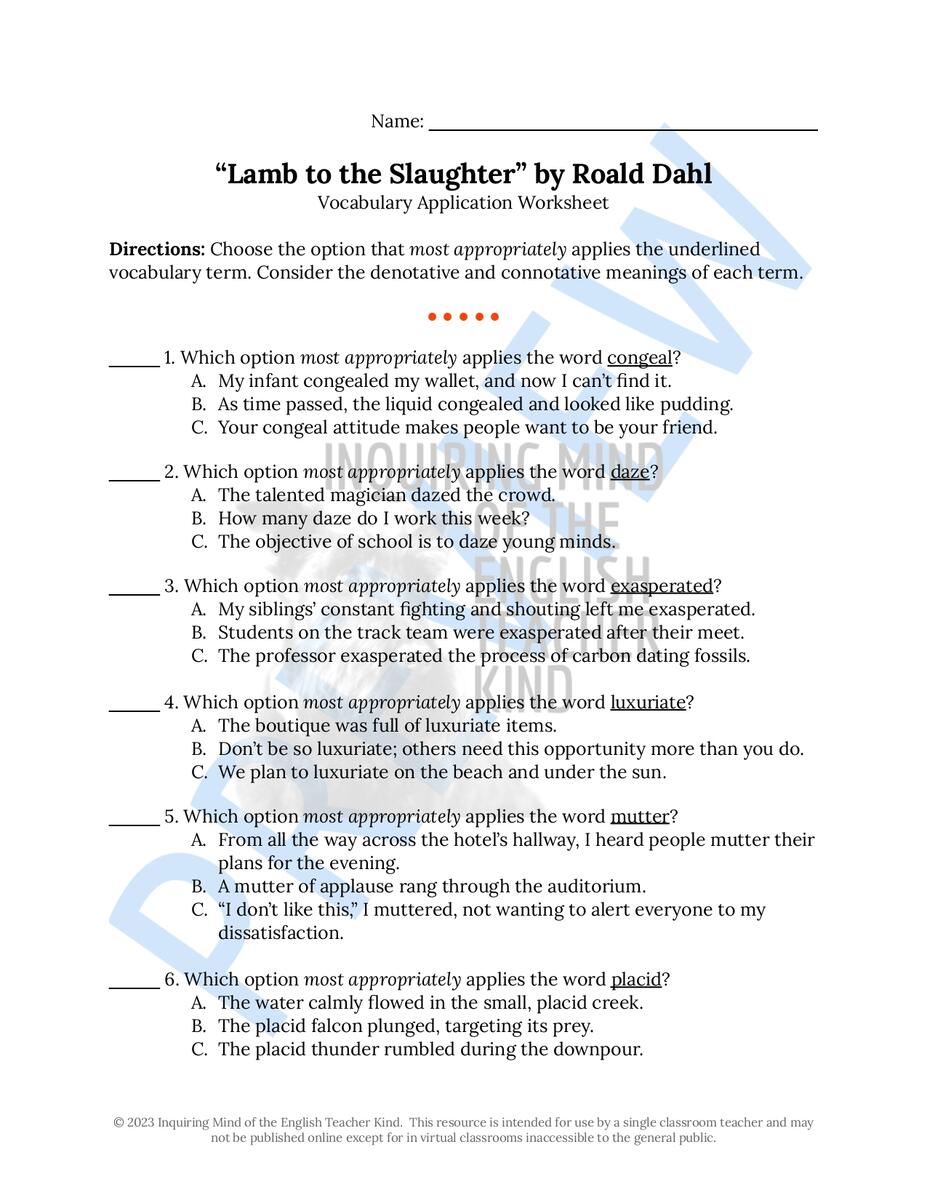 Lamb To The Slaughter By Roald Dahl Vocabulary Games And Activities Classful Application Software Worksheet Answer Key Definitions Examples Studocu