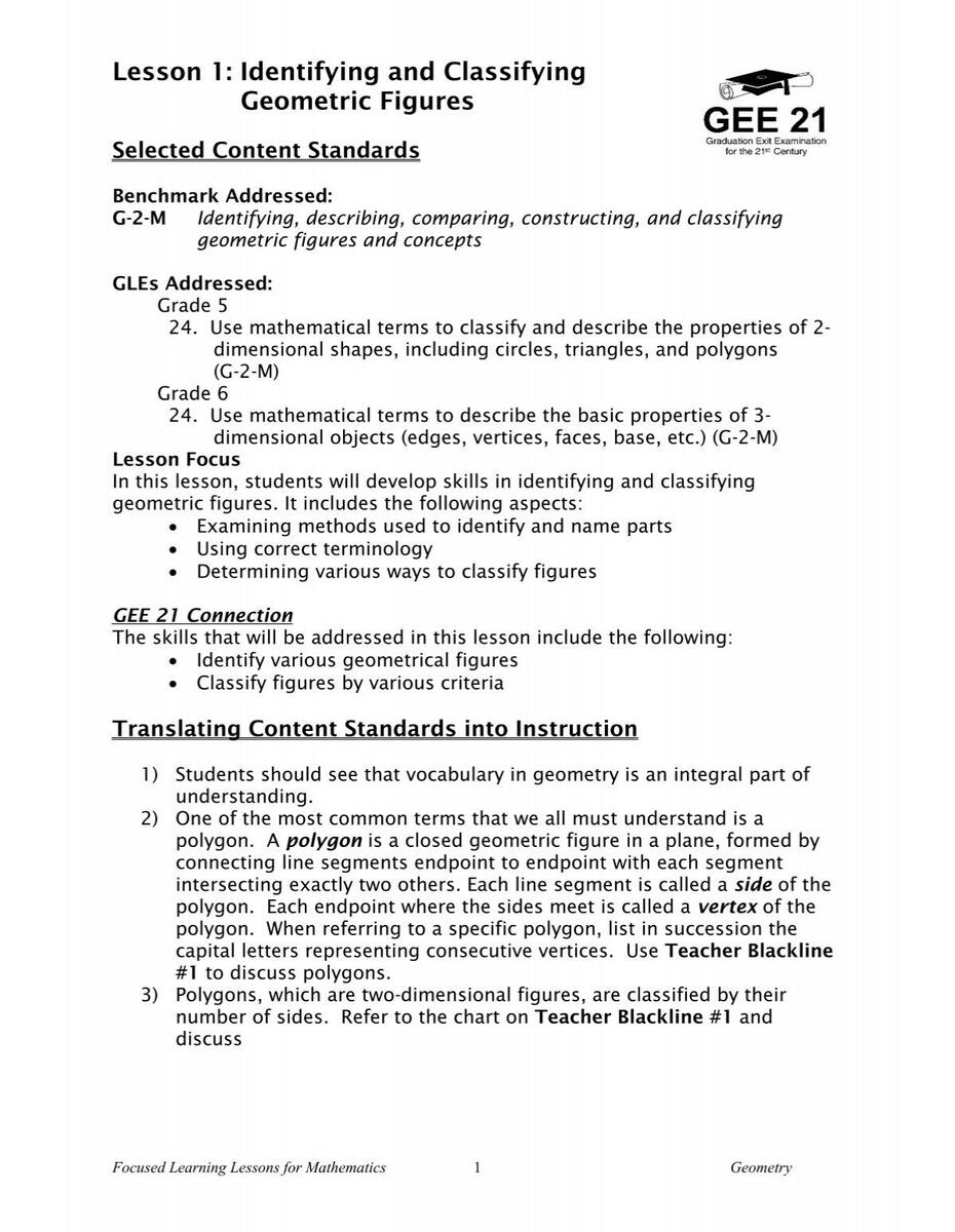 Lesson 1 Identifying And Classifying Geometric Figures Lesson 1 Identifying And Classifying Geometric Figures