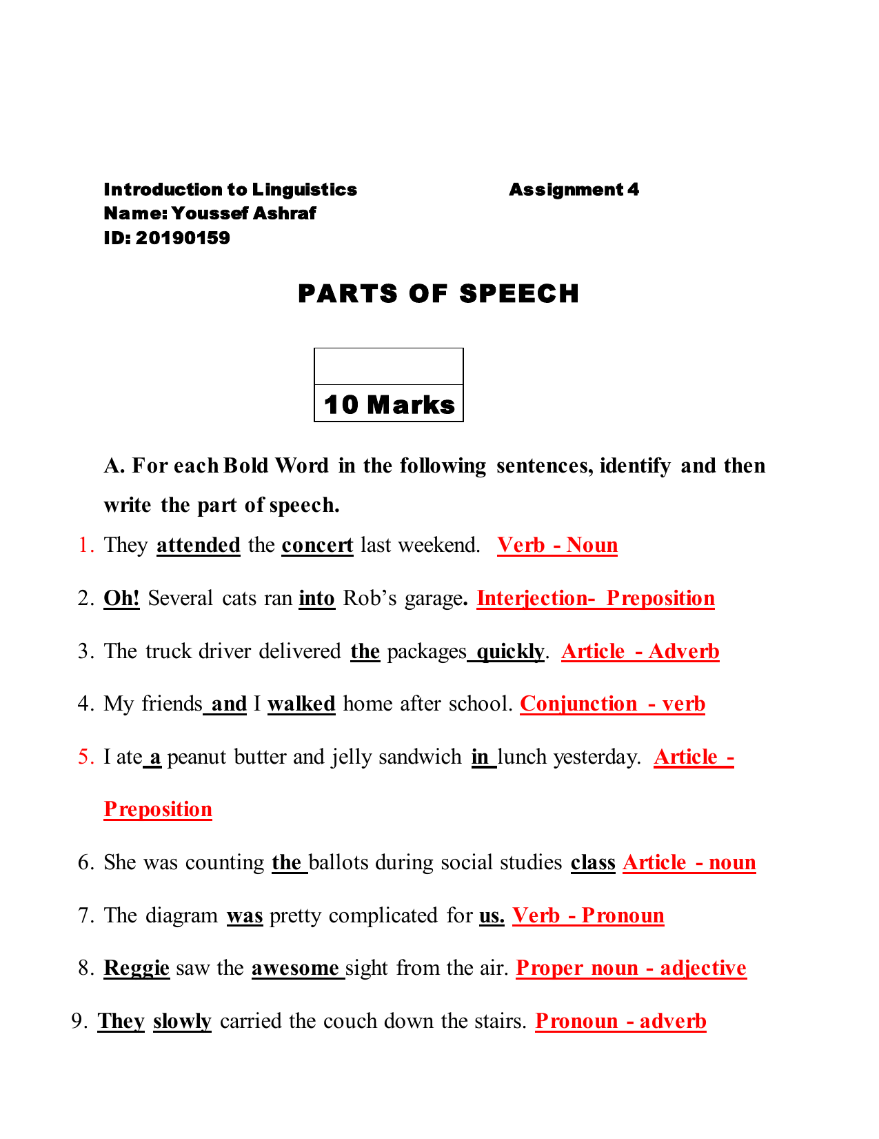 Linguistics Assignment Parts Of Speech Identification