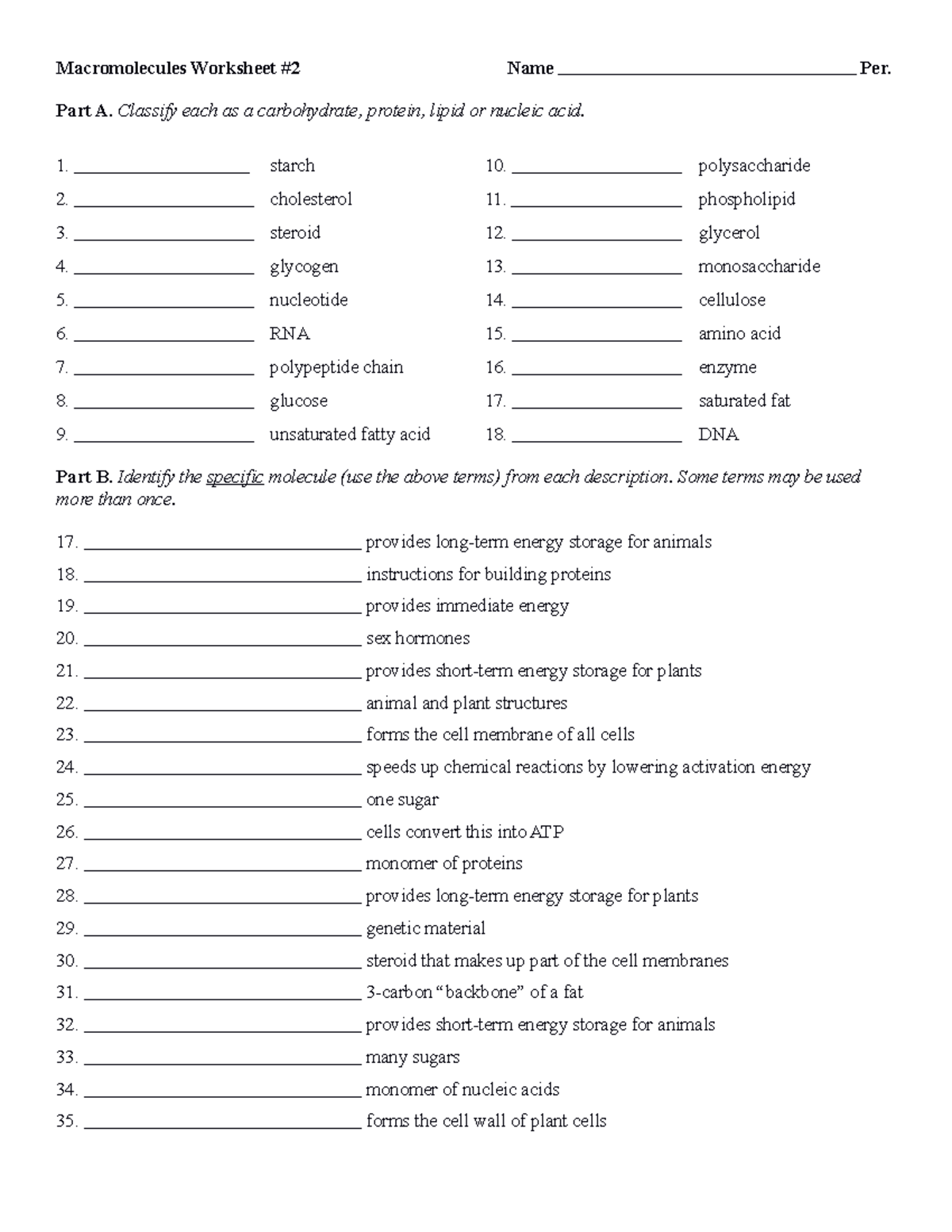 Macromolecules Worksheet 2 Identification Classification Guide Studocu