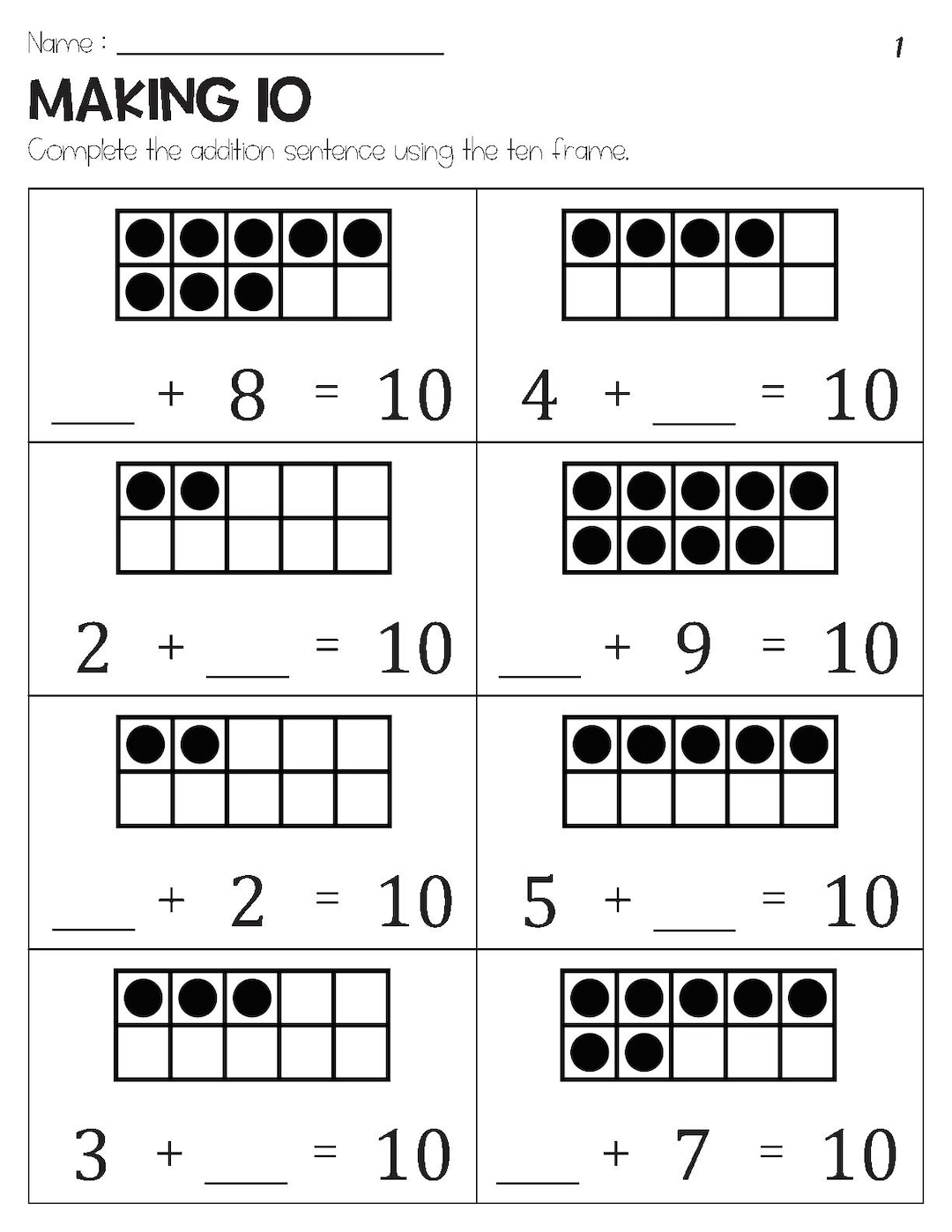Making 10 Addition With Ten Frame Worksheets Etsy