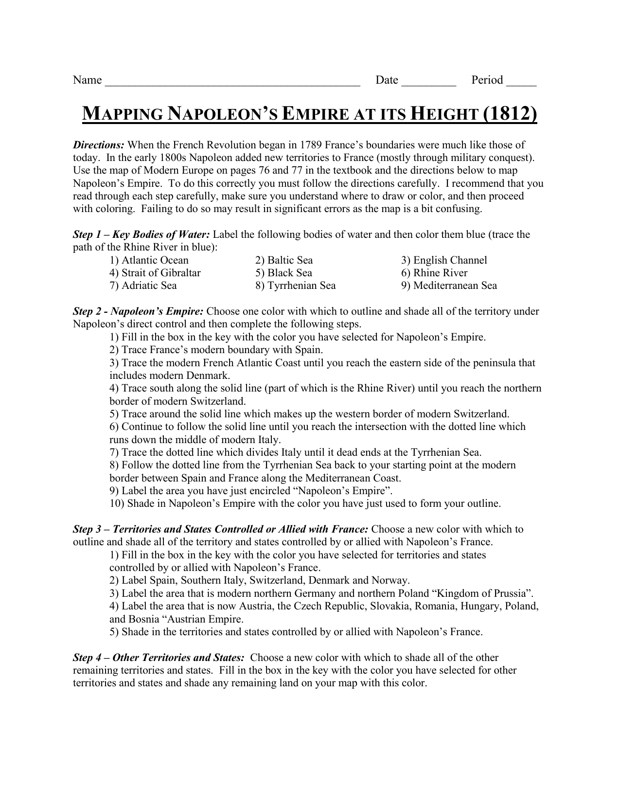 Mapping Napoleon S Empire Worksheet