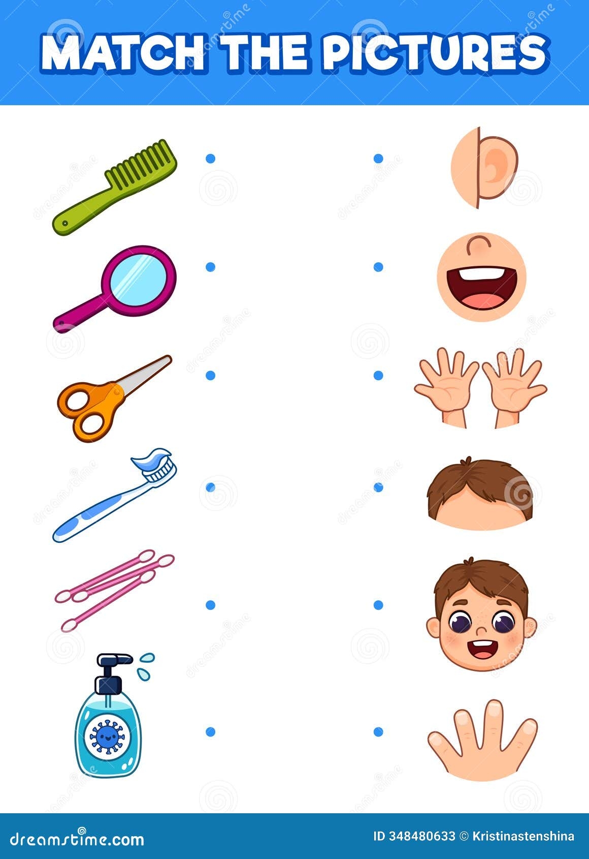 Matching Game For Children Find A Couple Of Body Parts Kid And Hygiene Products Stock Vector Illustration Of Preschool Pastime 348480633