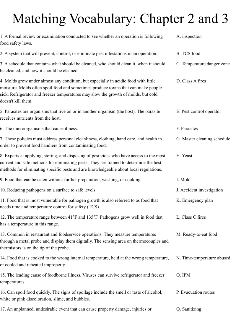 Matching Vocabulary Chapter 2 And 3 Worksheet WordMint