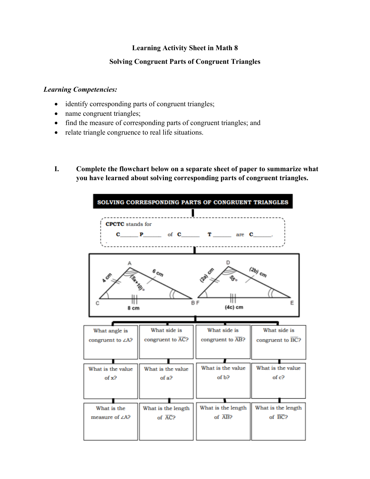 Math 8 Solving Congruent Triangle Parts