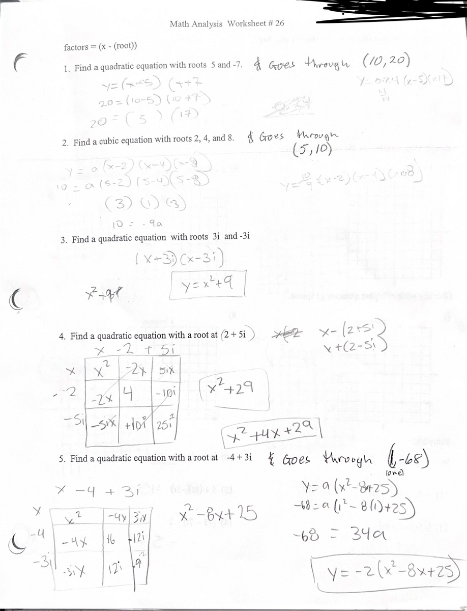 Math Analysis Worksheet 26 Quadratic Cubic Equations Studocu