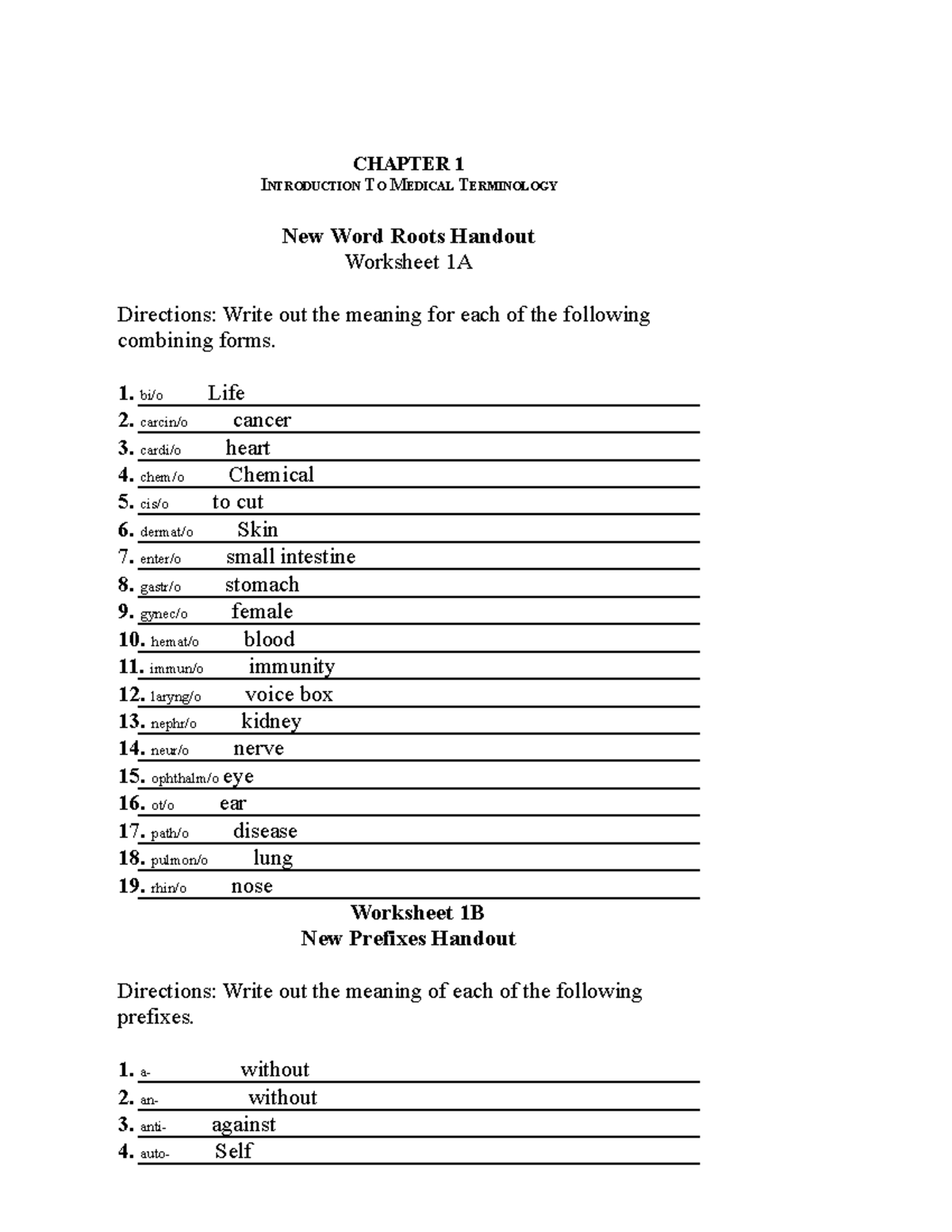 Med Term Ch 1 Worksheet Sample Answers For Combining Forms Studocu
