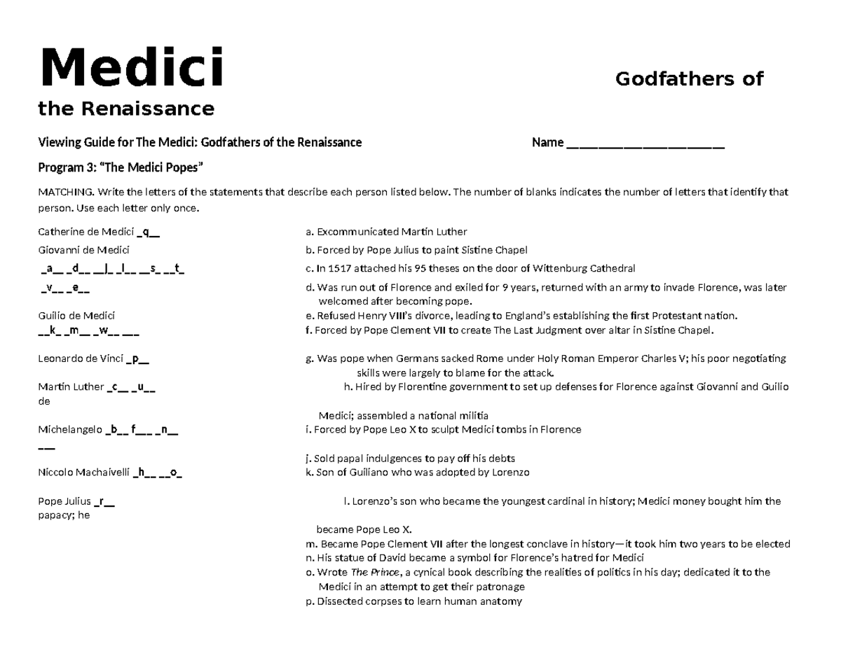 Medici Godfathers Of The Renaissance Study Guide Program 3 Analysis Studocu