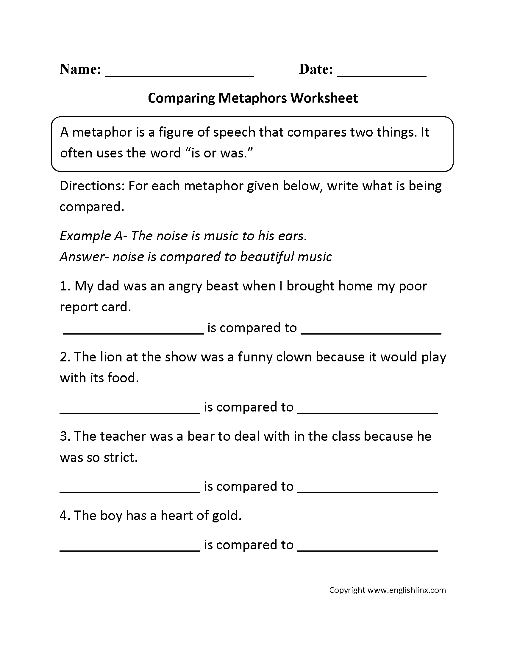 Simile And Metaphor Worksheet 1 Figurative Language Activity