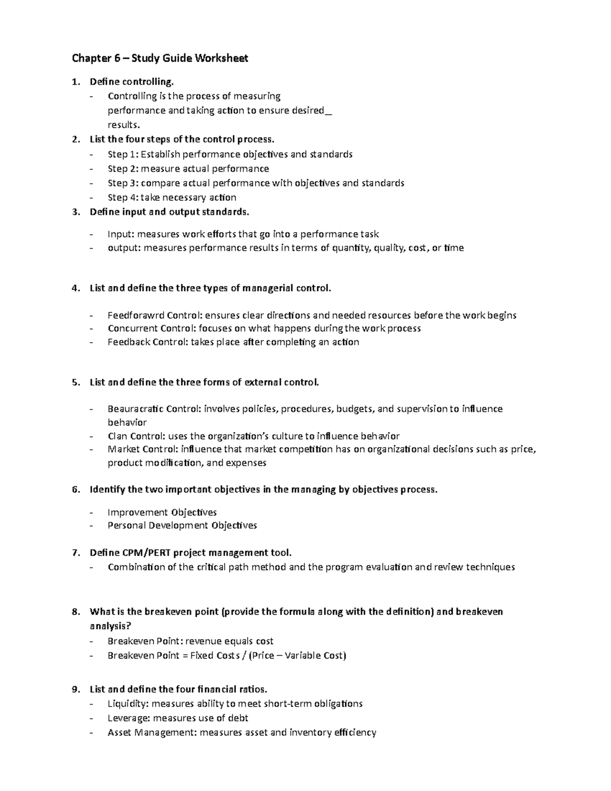 MGMT 301 Chapter 6 Study Guide Worksheet Control Processes And Ratios Studocu