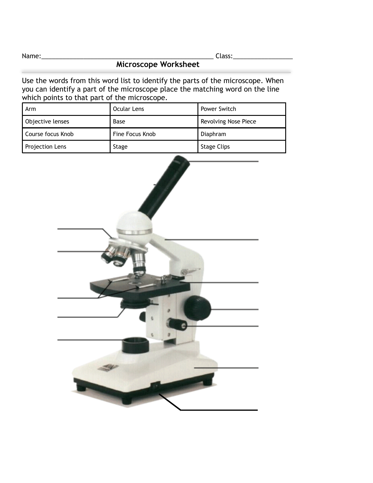 Microscope Parts Worksheet