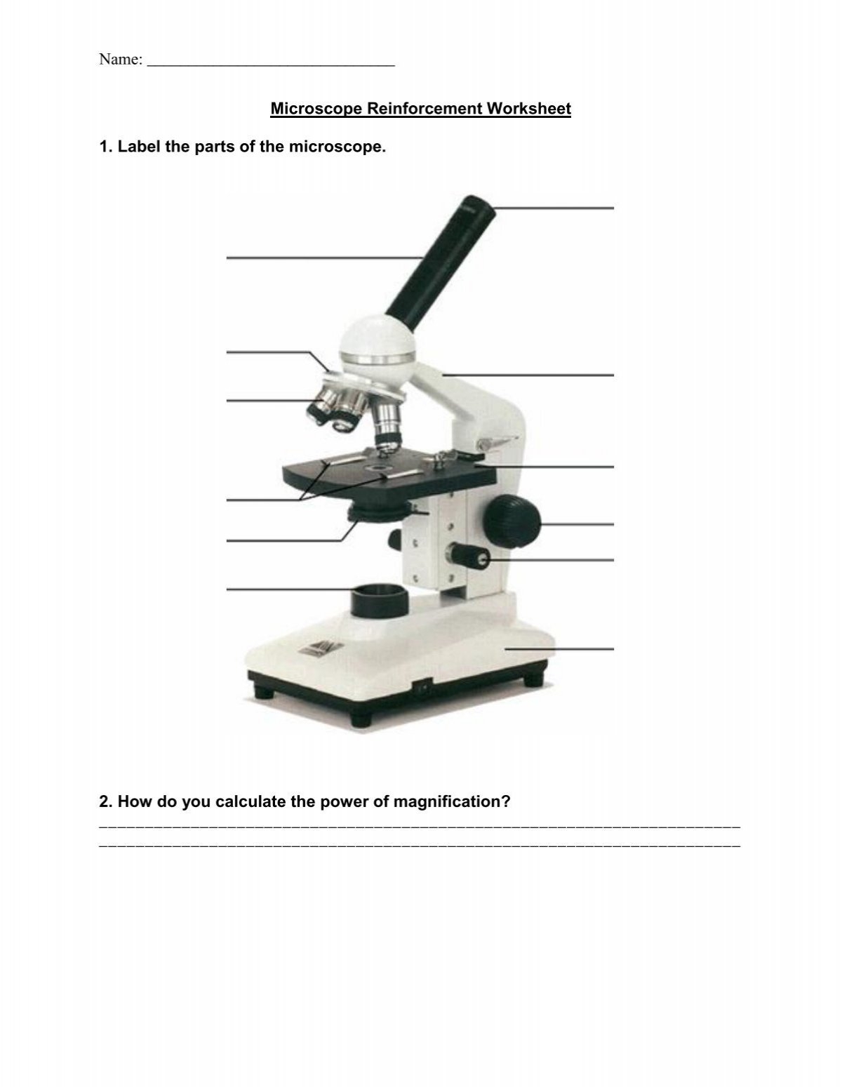 Microscope Reinforcement Worksheet 1 Label The Parts Of The
