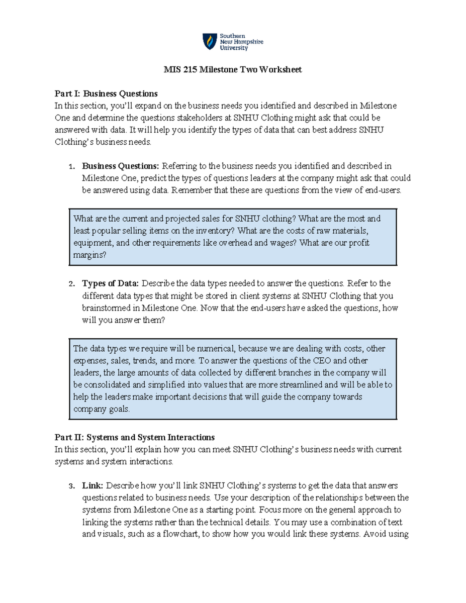 MIS 215 Milestone Two Worksheet Business Needs Data Systems Analysis Studocu