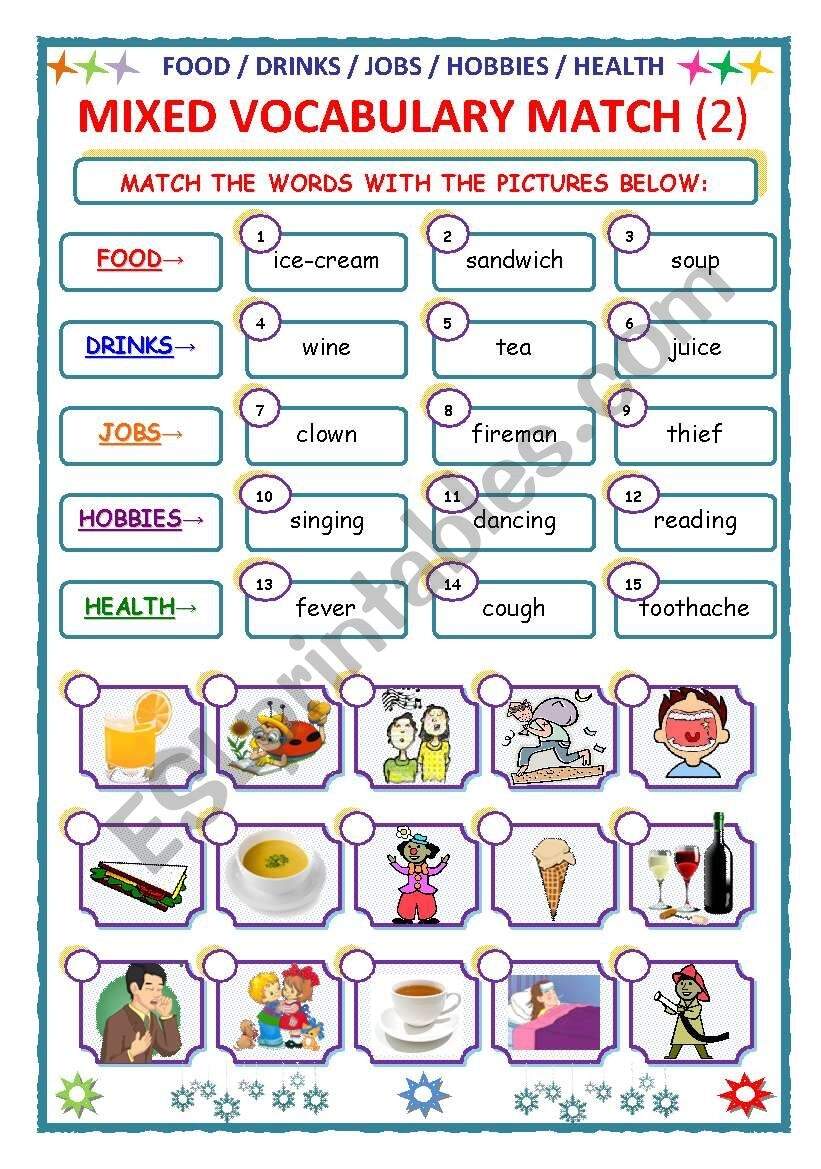 MIXED VOCABULARY MATCH Part 2 ESL Worksheet By Timewilltell