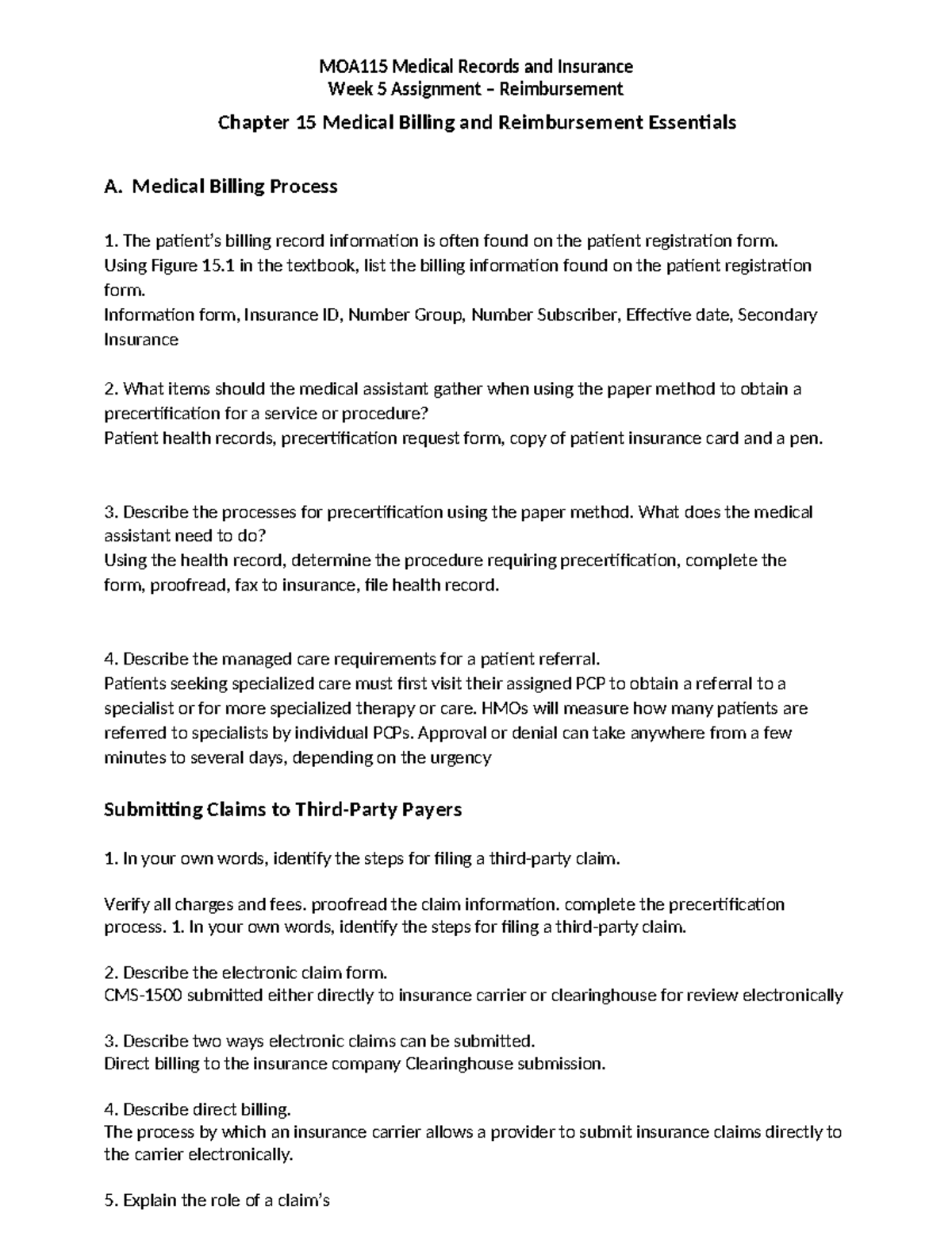 MOA115 Week 5 Assignment Worksheet Reimbursement Overview Studocu