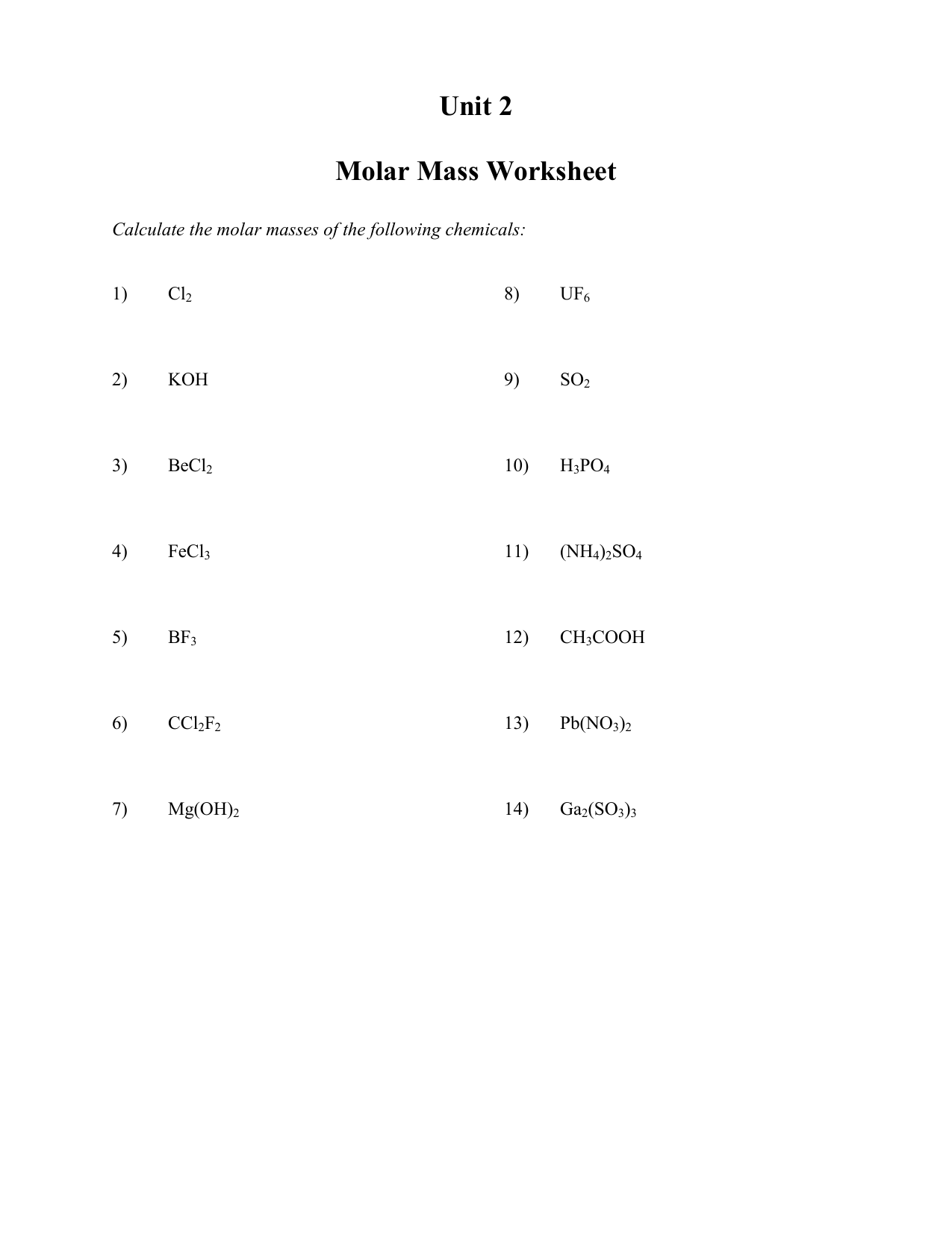 Molar Mass Mole Calculation Worksheet Chemistry Molar Mass Mole Calculation Worksheet Chemistry