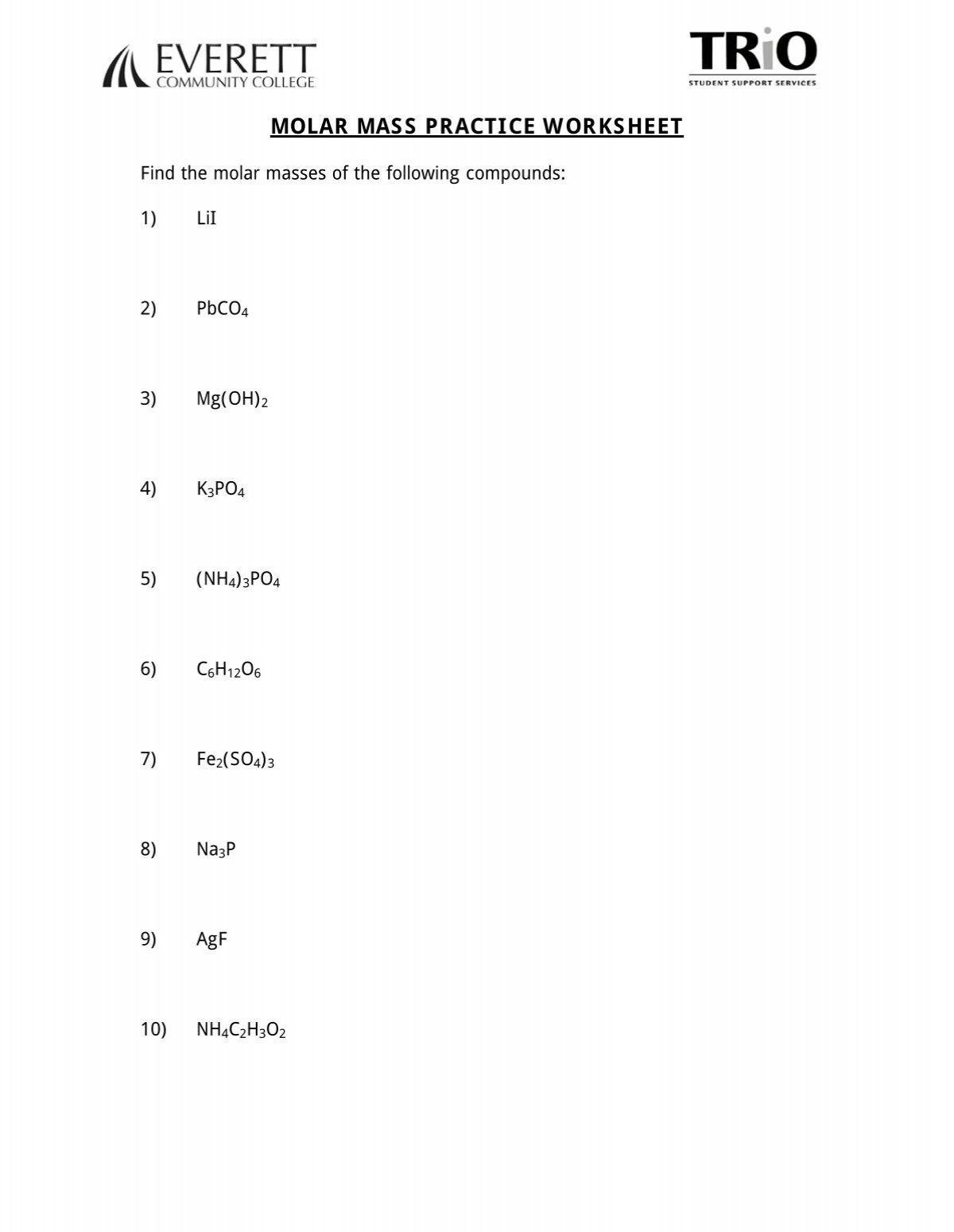 Molar Mass Worksheet Everett Community College Molar Mass Worksheet Everett Community College