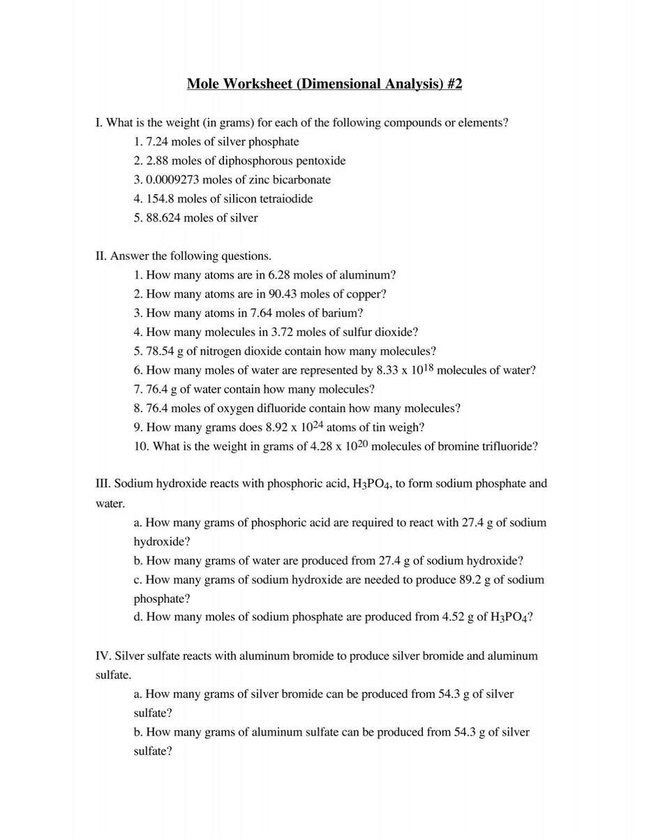 Mole Worksheet Dimensional Analysis 2 The Mole Worksheet