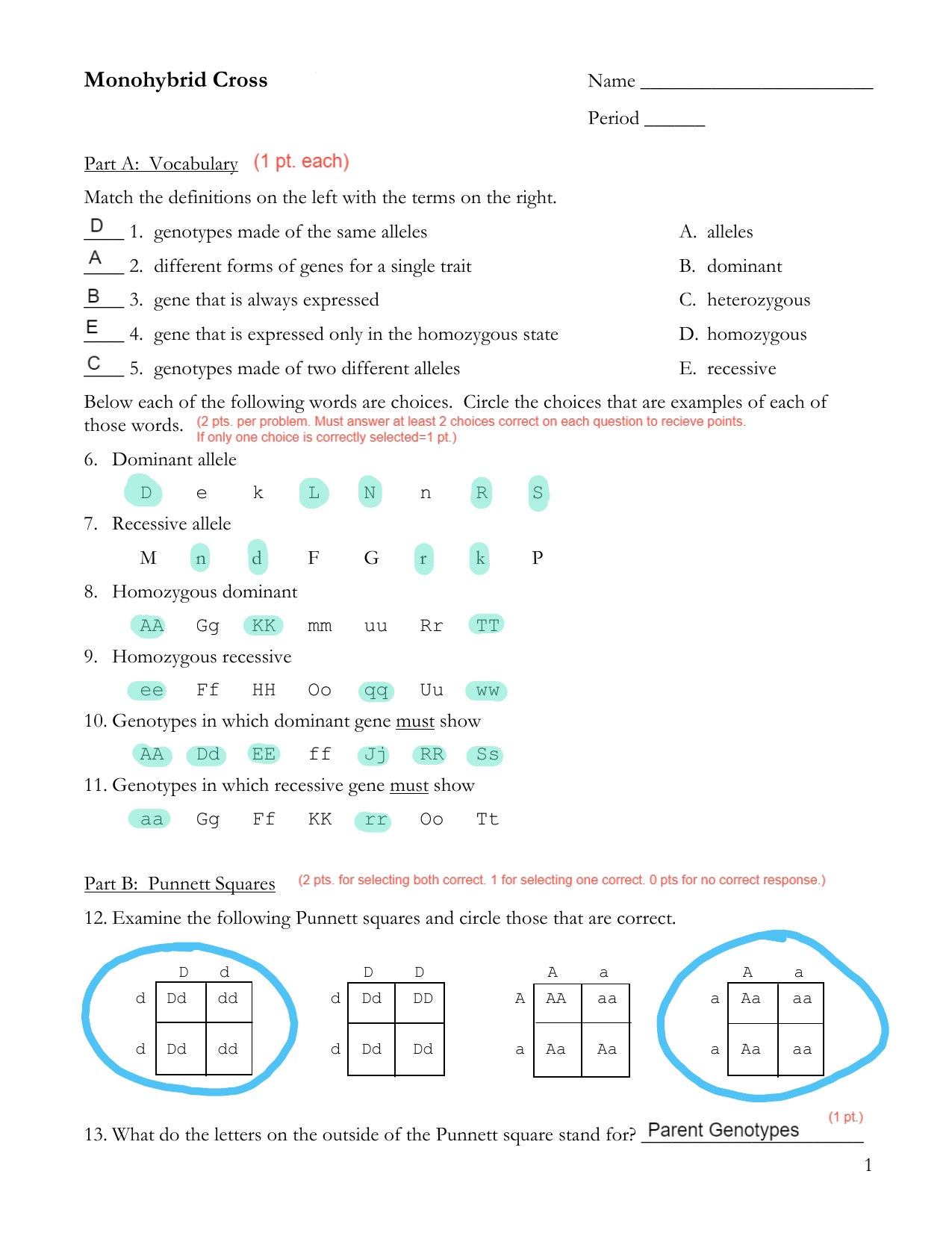 Monohybrid Cross Worksheet Genetics Practice Mendelian Genetics Worksheet With Answer Key Exercises Genetics Docsity