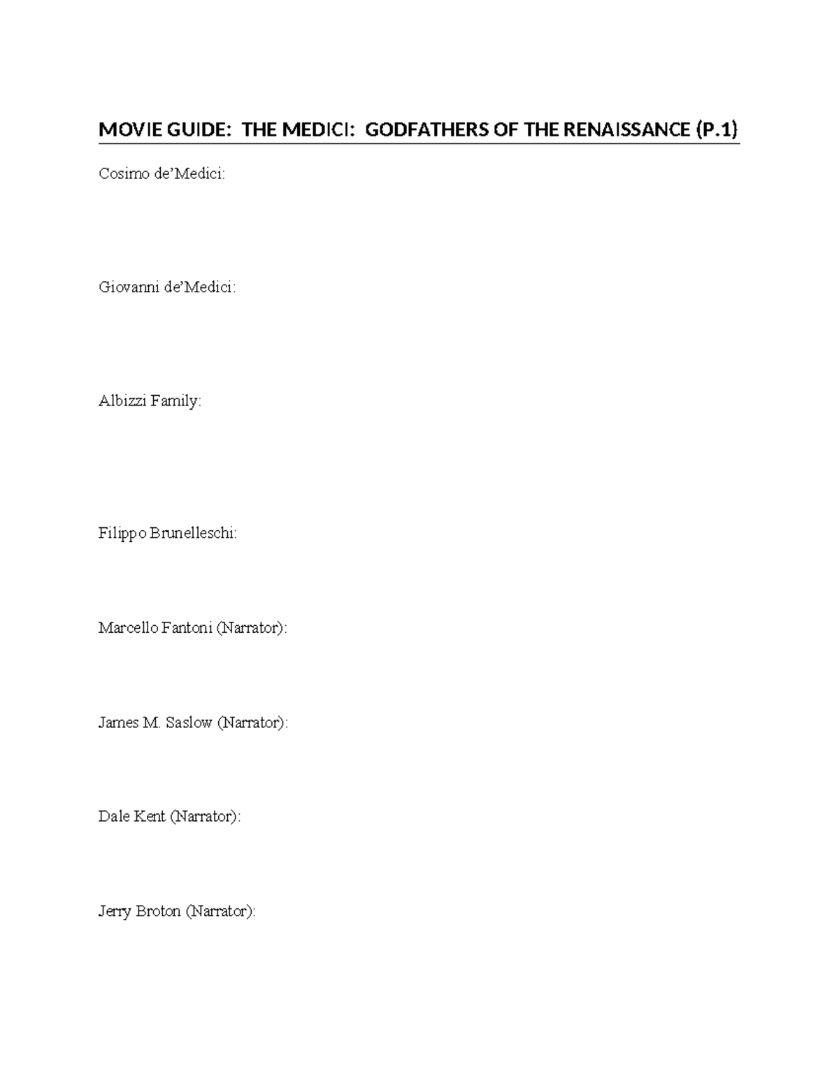 Movie Guide The Medici Godfathers Of The Renaissance P1 Studocu