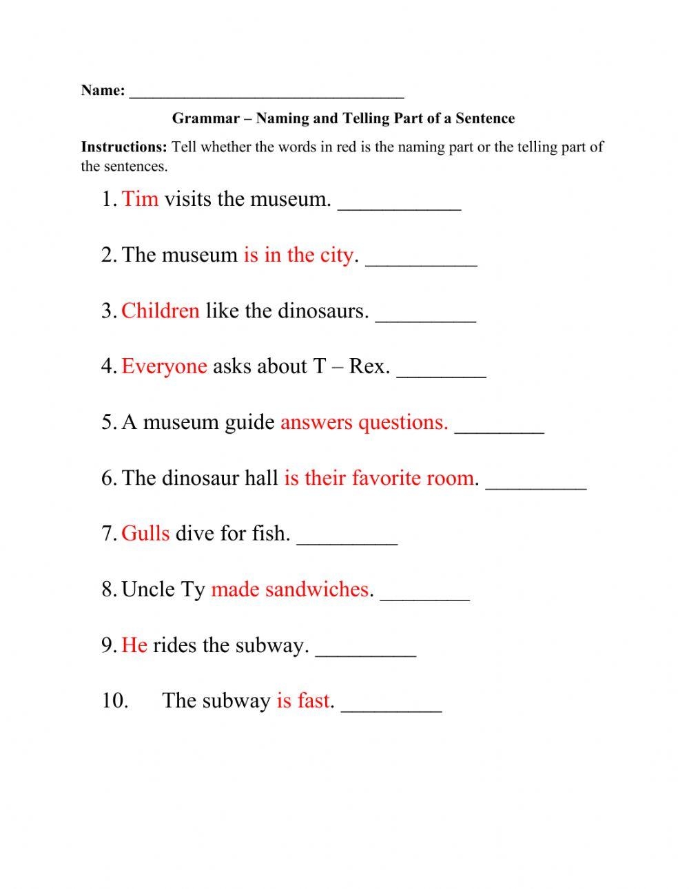 Naming And Telling Parts Of A Sentence Worksheet Worksheets Library Naming Part Of A Sentence DJ Interactive Worksheet Worksheets Library