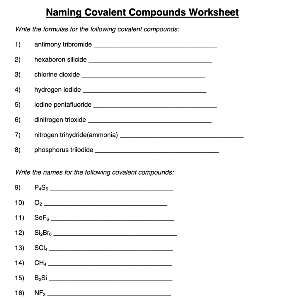 Naming Covalent Compounds Worksheet Write The Formulas For