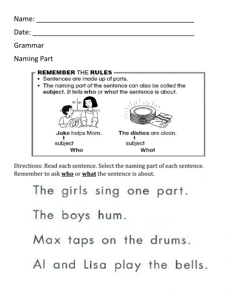 Naming Parts Of A Sentence Worksheet Practice And Learn Grammar Naming Parts Of A Sentence Worksheet Practice And Learn Grammar