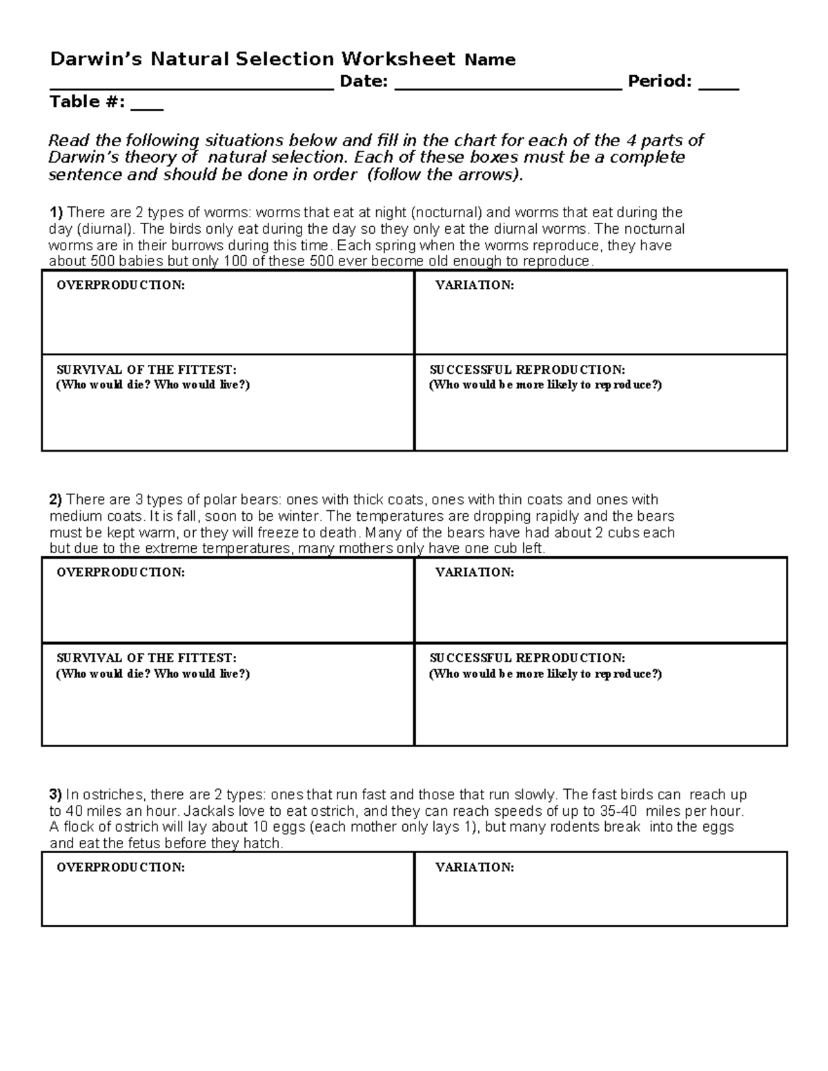 Natural Selection Worksheet Bio 101 Complete The Chart Studocu