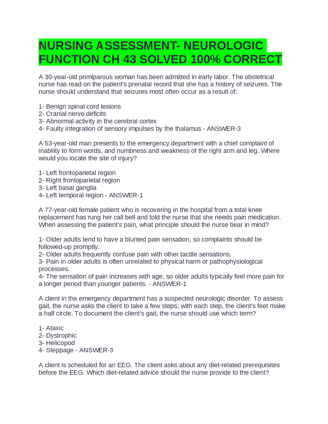 Neurological Assessment Multiple Choice Questions And Answers Exams Nursing Docsity Neurological Assessment Multiple Choice Questions And Answers Exams Nursing Docsity