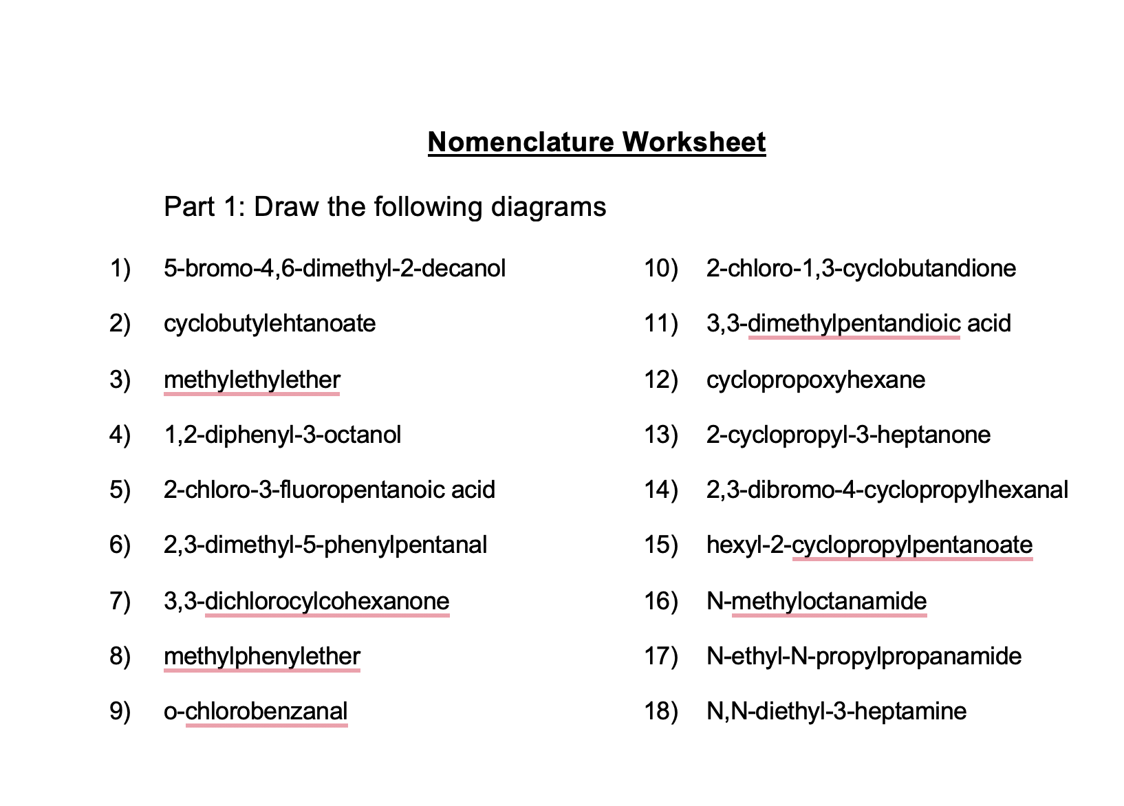 Nomenclature WorksheetPart 1 Draw The Following Chegg