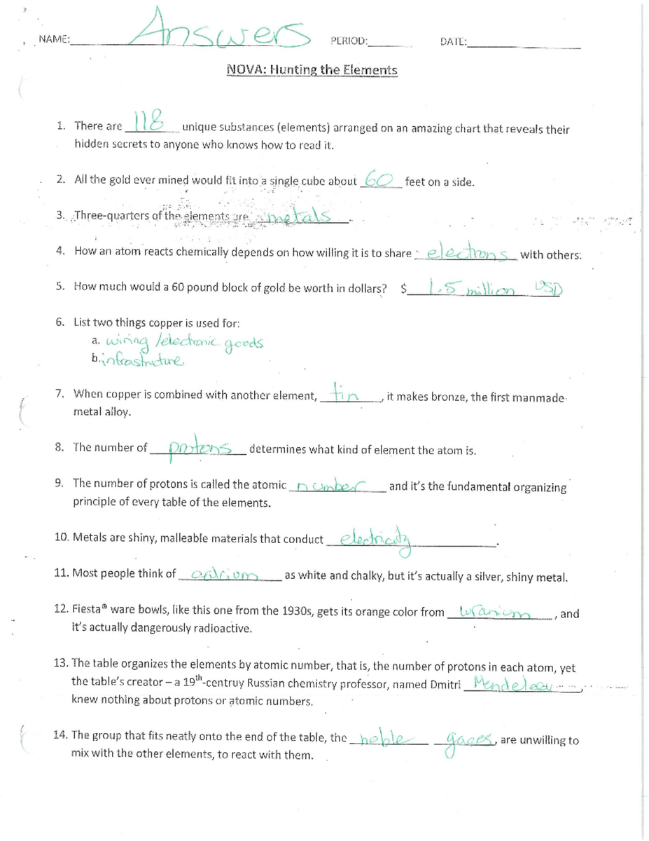 NOVA Hunting The Elements Comprehensive Answers Guide Studocu