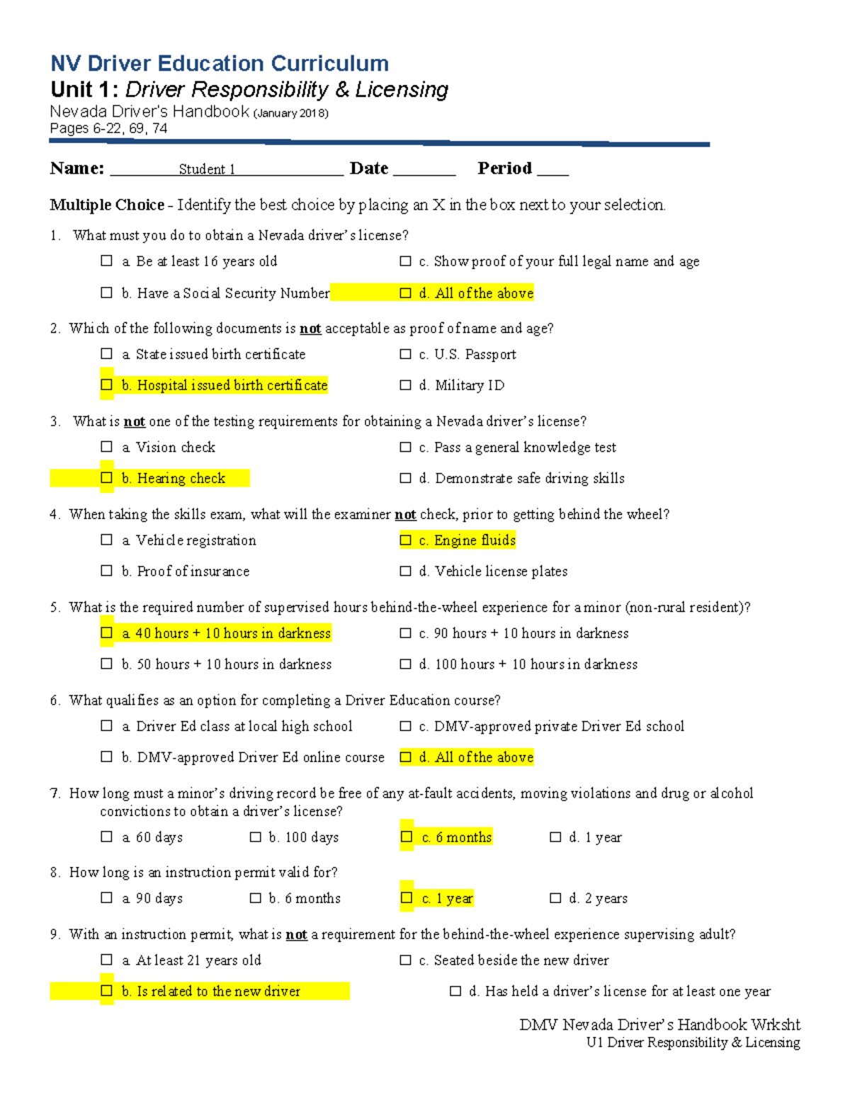 NV Driver Ed Unit 1 Worksheet Driver Responsibility Licensing Studocu Virginia Driver Education Laws Signs Safety
