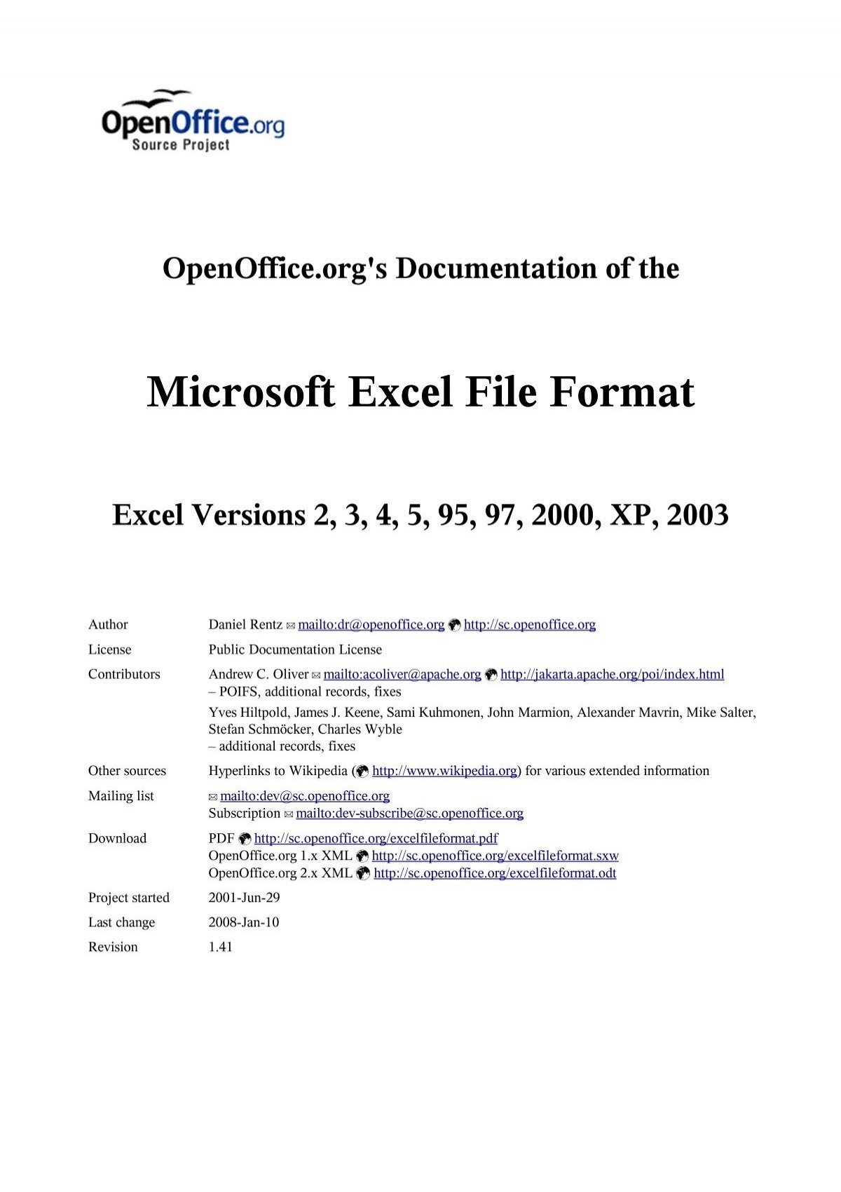 OpenOffice S Documentation Of The Microsoft Excel File Format