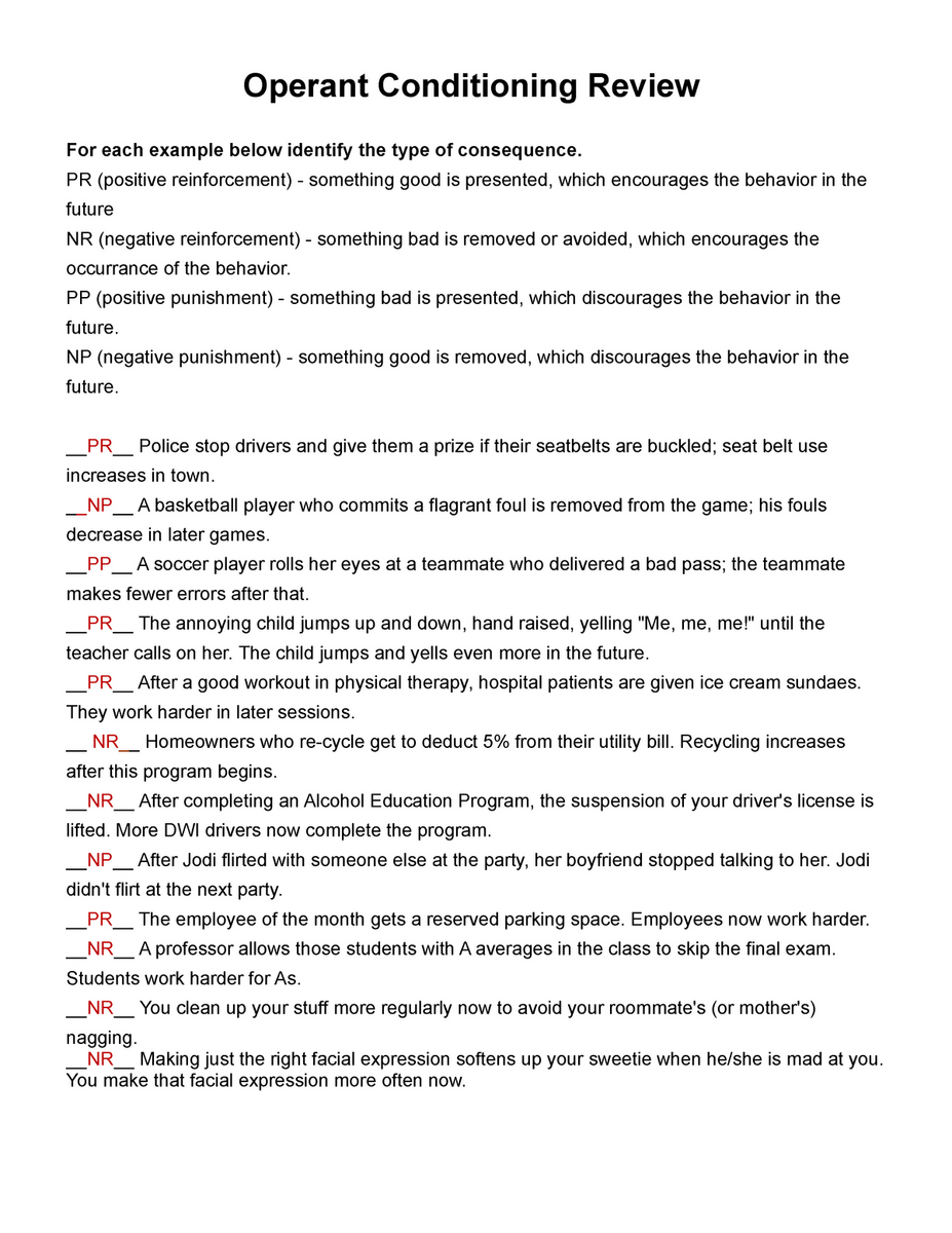 Operant Conditioning Review Exercise Answers Operant Worksheets Library